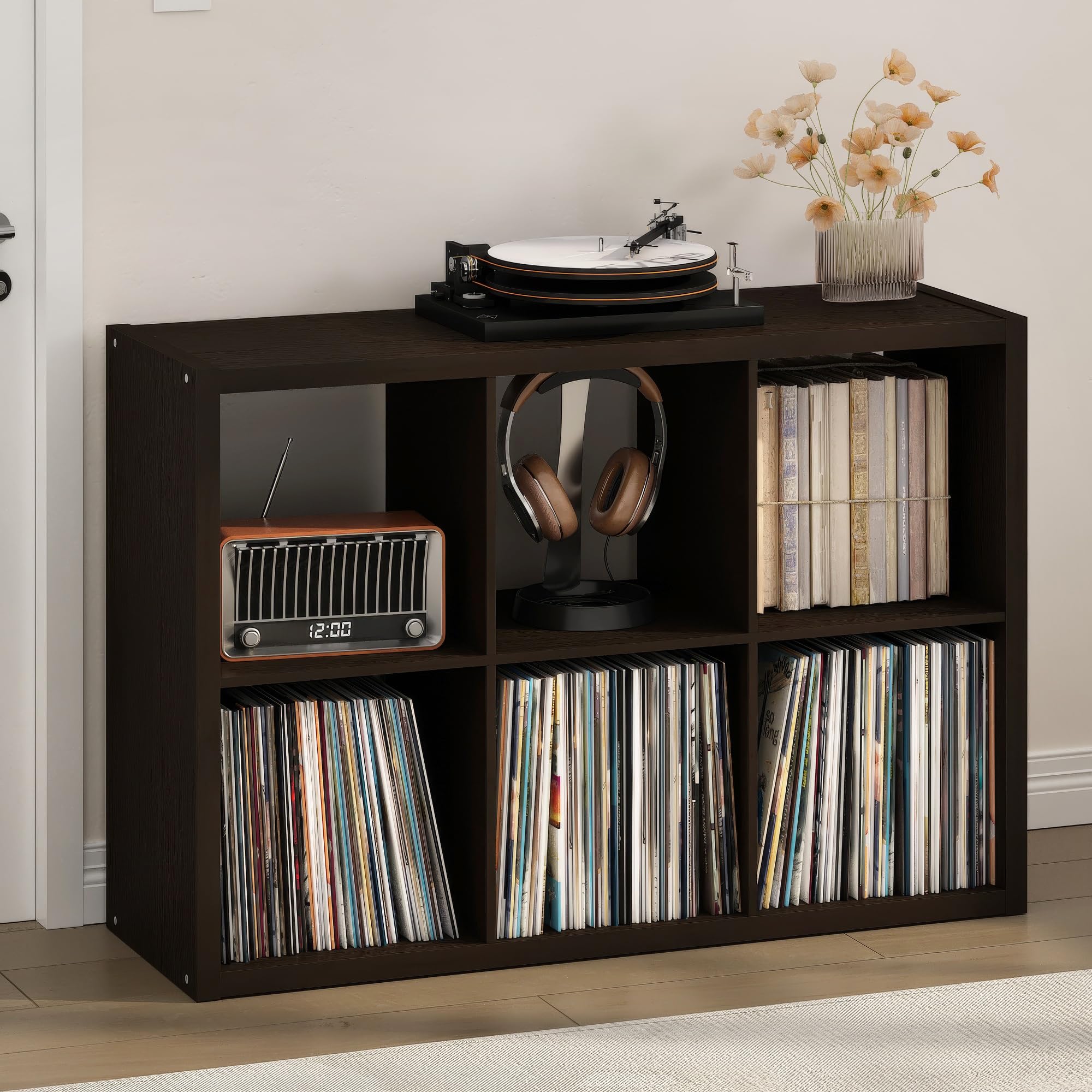 Furinno CUBICLE Mobile per Giradischi con Raccoglitore per Vinili, 6-Cube 1.2 Extra Spesso Raccoglitore per Dischi in Vinile, Scaffale Multimediale per CD DVD Dischi, Rovere Scuro Nero