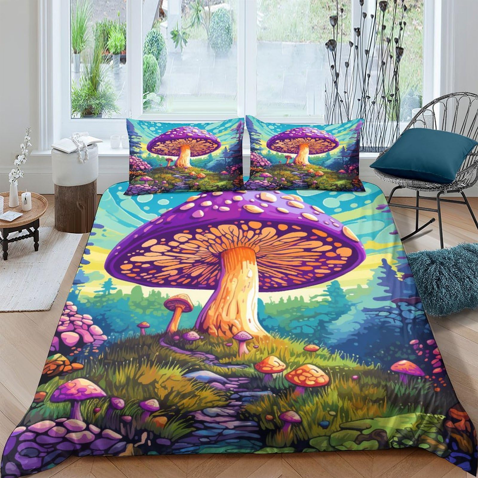 Housse de couette zippée et respirante 200x200 motif champignon