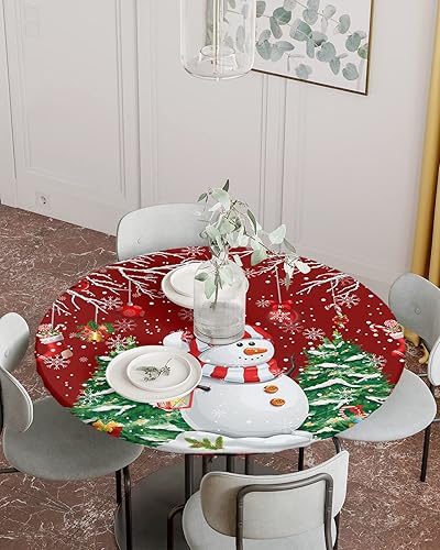 Miniatura 2 de Mantel redondo ajustable con diseño de muñeco de nieve de dibujos animados para mesas de comedor, mantel con bordes elásticos, árboles de Navidad de