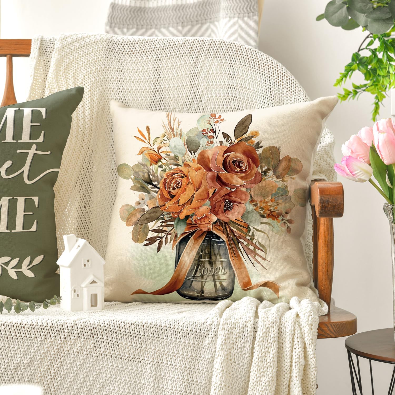 AVOIN colorlife Home Sweet Home Terracotta Sage Throw Pillow Covers, 16 x 16 Inch Seasonal Fall Eucalyptus Floral Motto Cushion Case for Sofa Couch Set of 4 - Image 5