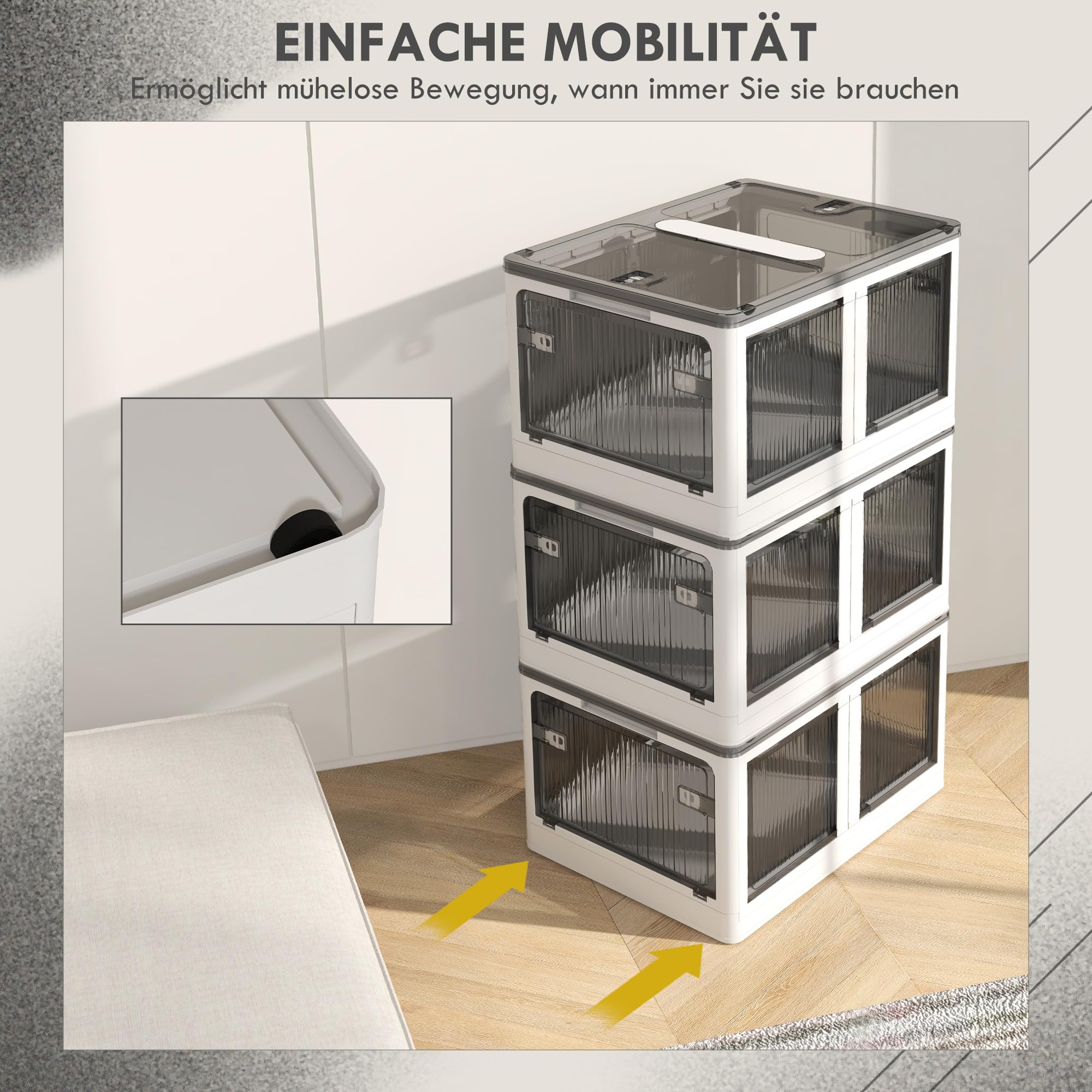 HOMCOM Caja de almacenaje de plástico set de 3 con ruedas cajas plegables de almacenaje, apilables armario organizador para juguetes, ropa, libros blanco, 60cm x 42cm x 34cm | Cajas plegables de almacenamiento, organizador de armario, para juguetes, ropa,