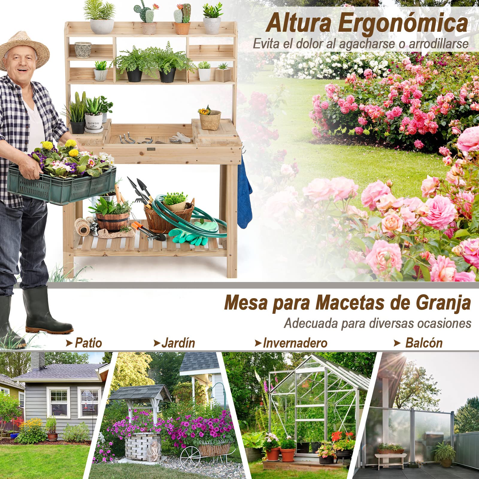 COSTWAY Mesa de Plantación de Madera para Macetas, Mesa de Jardín para Macetas con Estantes, Tablero Abrible, Ganchos, Mesa de Trabajo de Madera para Exteriores, Carga de 150 kg (110x50x153cm)