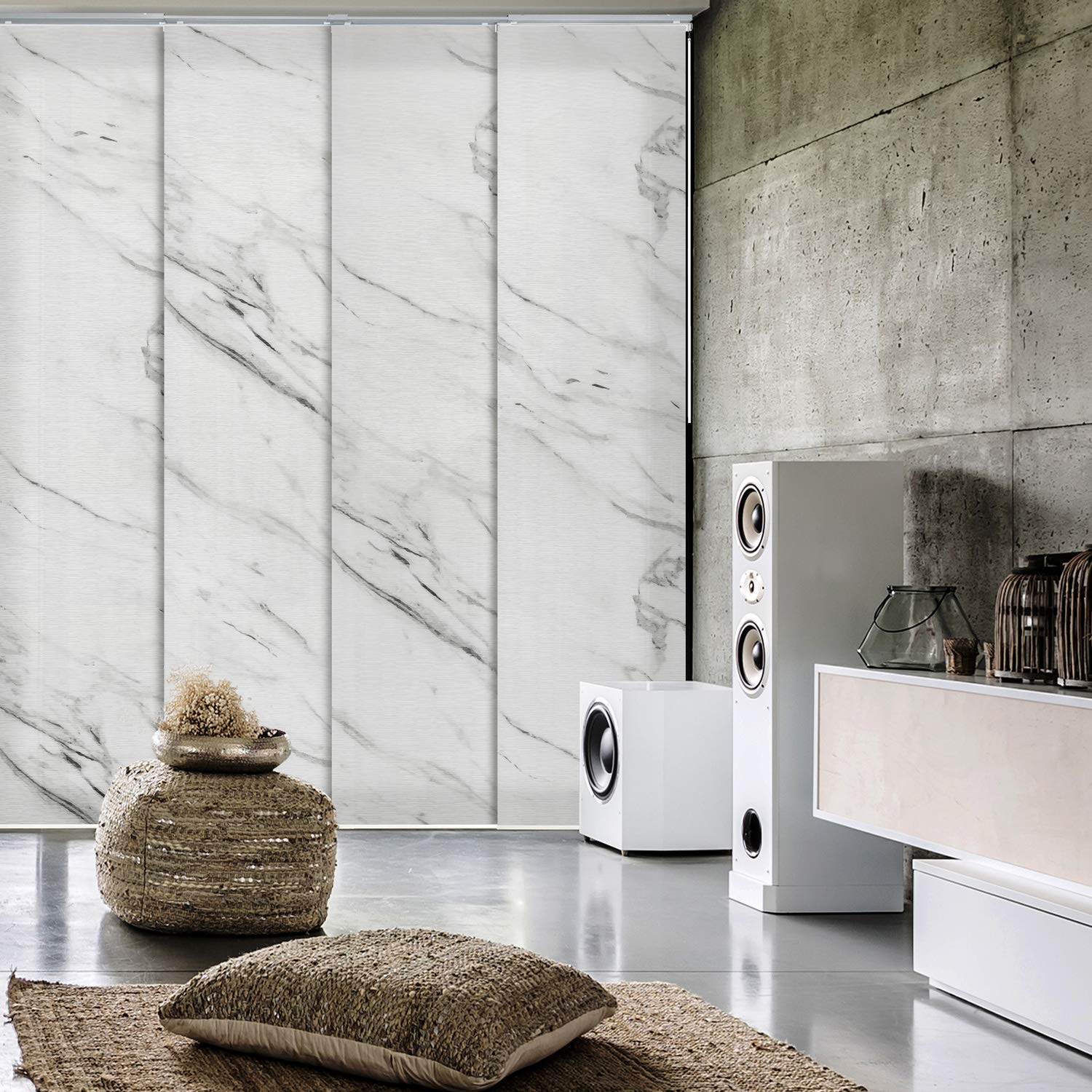 GoDear DesignDeluxe Adjustable Sliding Panel Track Blind 45.8"- 86" W x 96" H, Extendable 4-Rail Track Blind for Patio Door, Trimmable Pleated Natural Woven Fabric, Marble Printed Pattern, Statuario