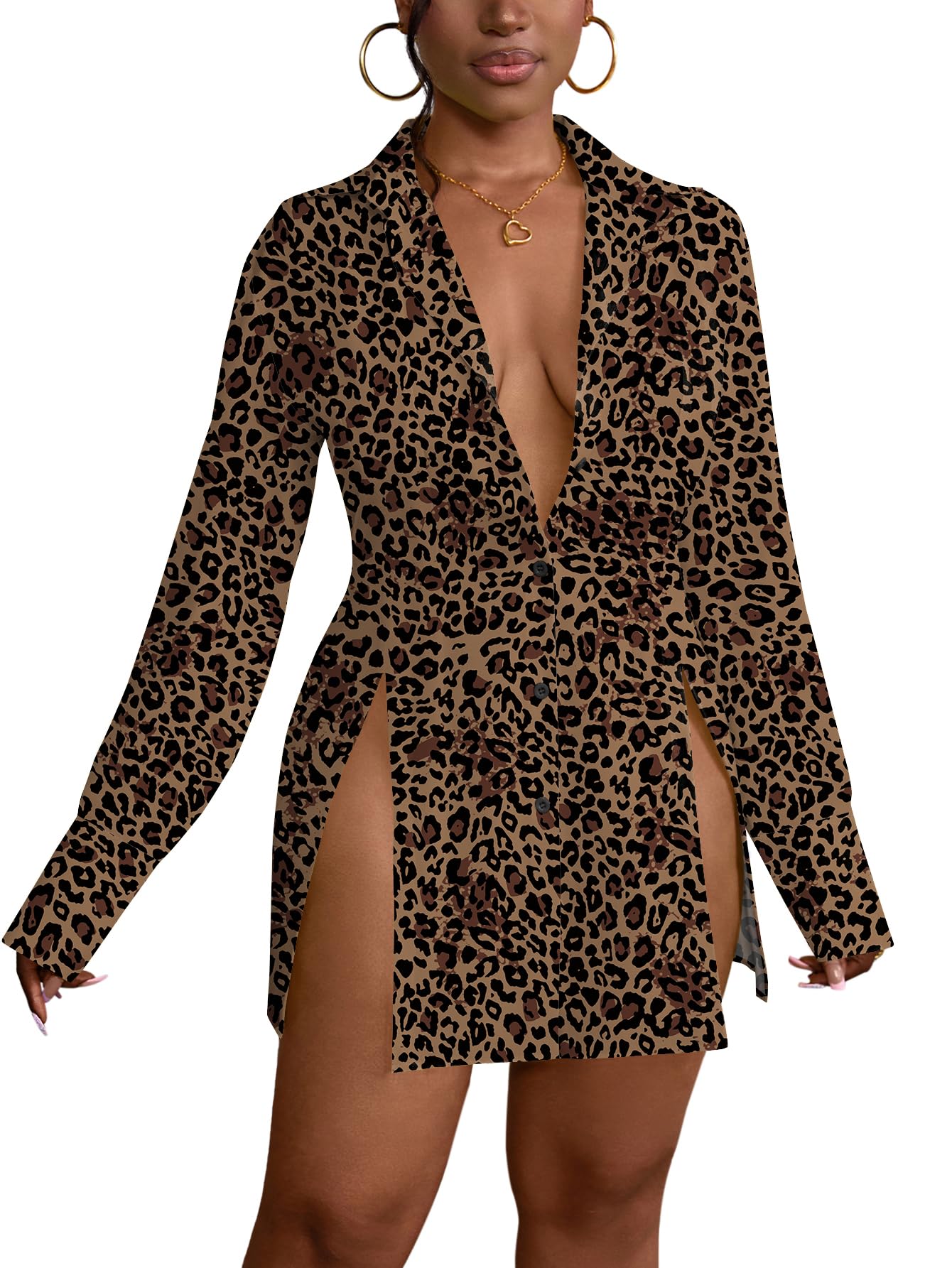 Women's Button Down Shirt Dress Collar V Neck Long Sleeve Slit Sexy Shirt Dresses