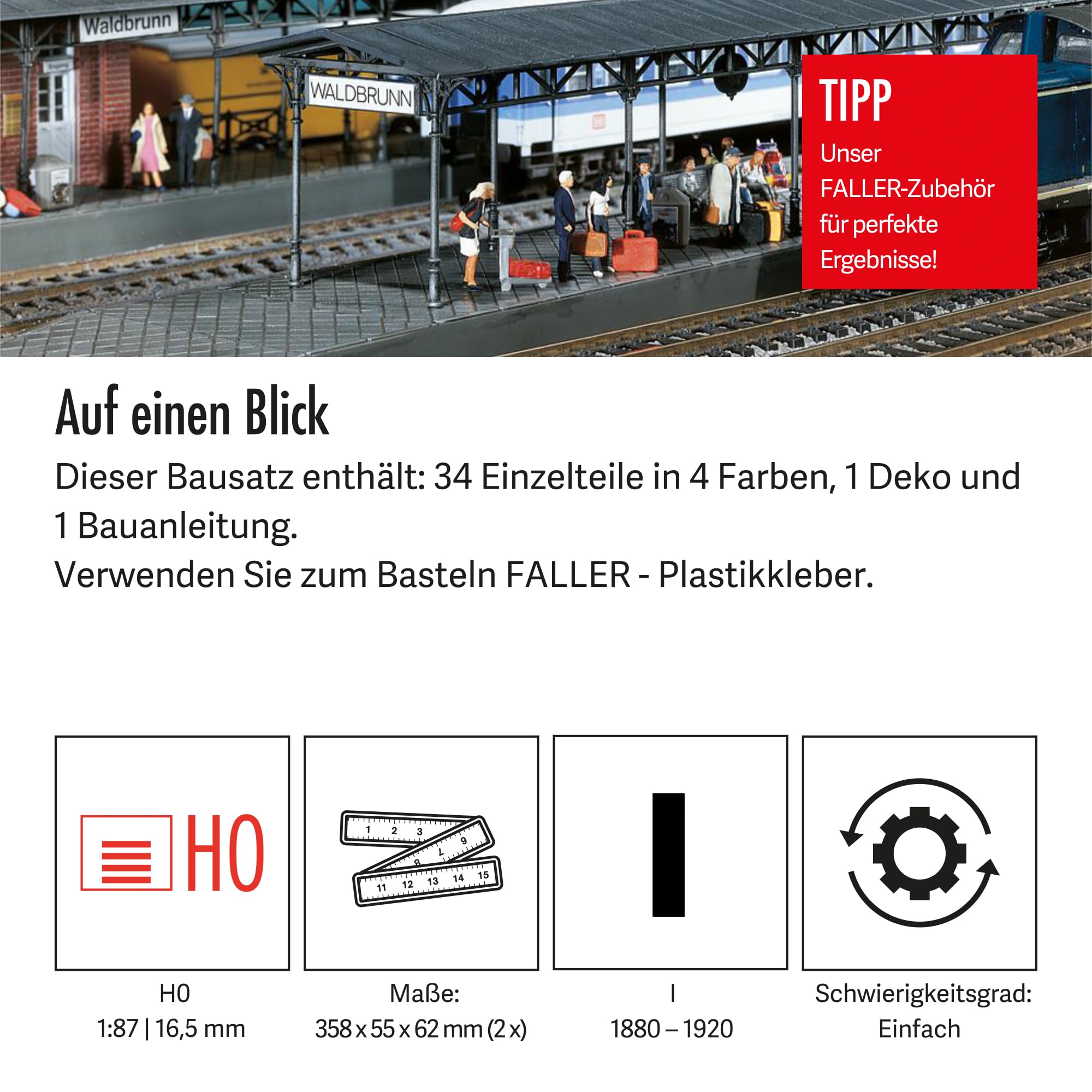 FALLER 2 Bahnsteige Waldbrunn Modellbausatz mit 34 Einzelteilen 358 x 55 x 62 mm I Modelleisenbahn Zubehör H0 Gebäude I Modelleisenbahn H0 Bahnsteige