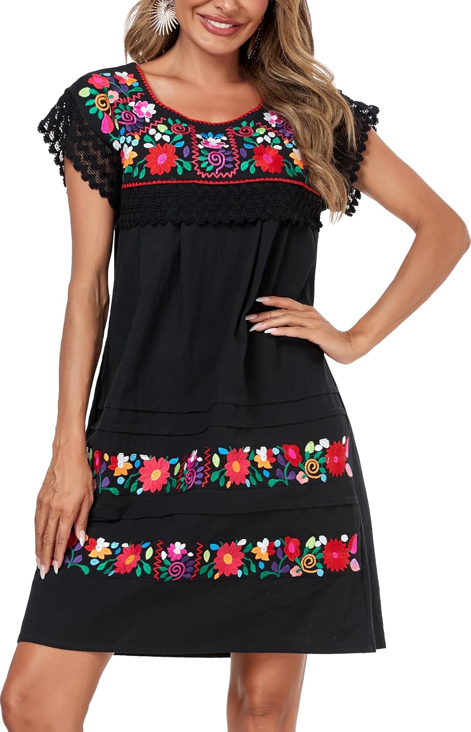 YZXDORWJ Women Embroidered Mexican Peasent Lace Short Sleeves Dress
