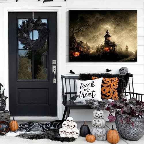 Miniatura 98 de Denozer Lienzo decorativo para pared de Halloween, castillo de terror de 32 x 24 pulgadas, decoración de pared de luna, decoración de otoño de Obra