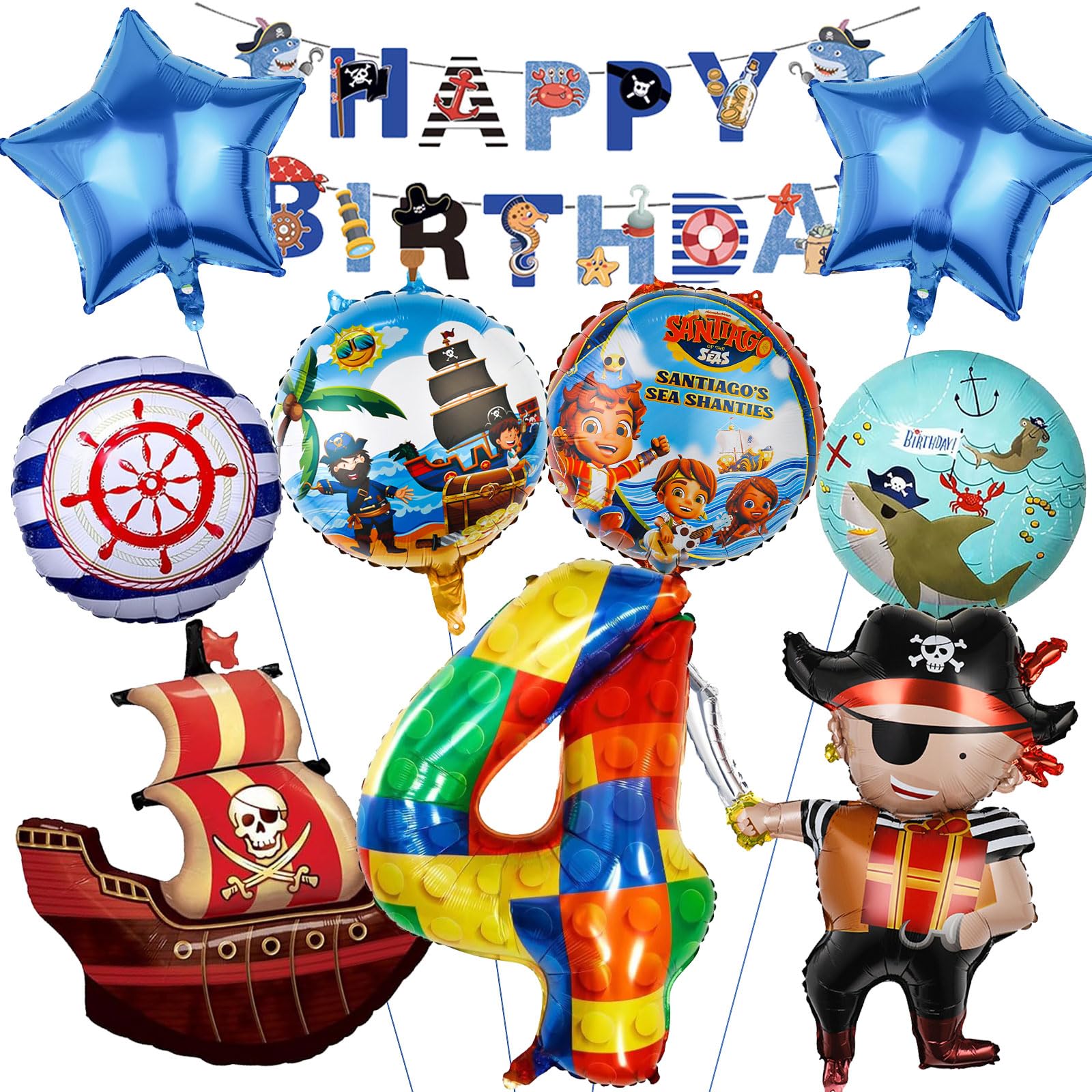 Piraten-Geburtstagsballon-Set Für 7 Jahre – 10-teilig, Mit Folienballons, Schiff, Banner & Sternen