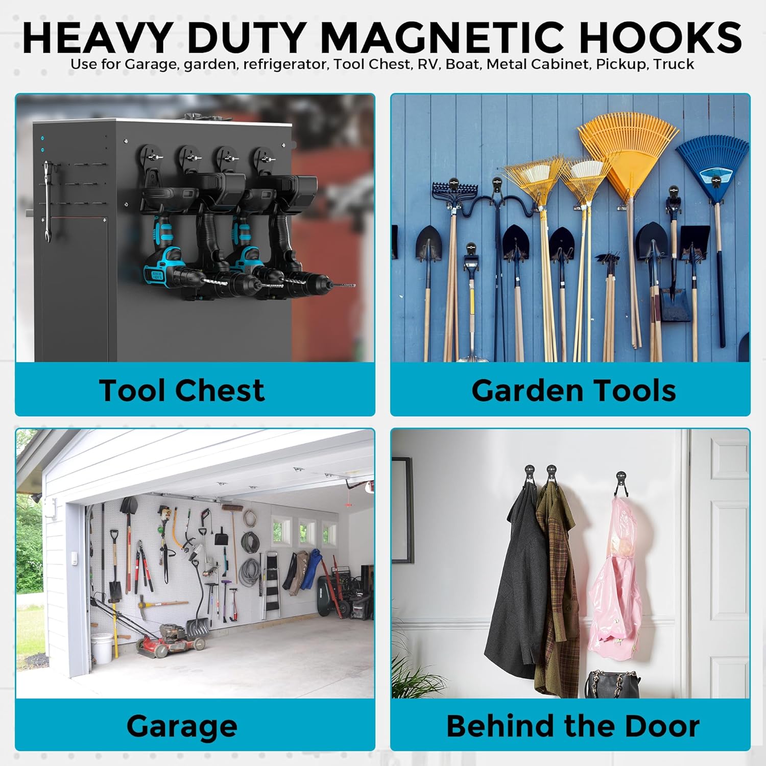 6 Pcs Large Strong Magnetic Hooks Heavy Duty Garage Big Magnet Hooks Extra Strength Magnetic Utility Storage Hook Hanger with Anti Slip Coating for Garden Indoor Outdoor Hanging Tools Black
