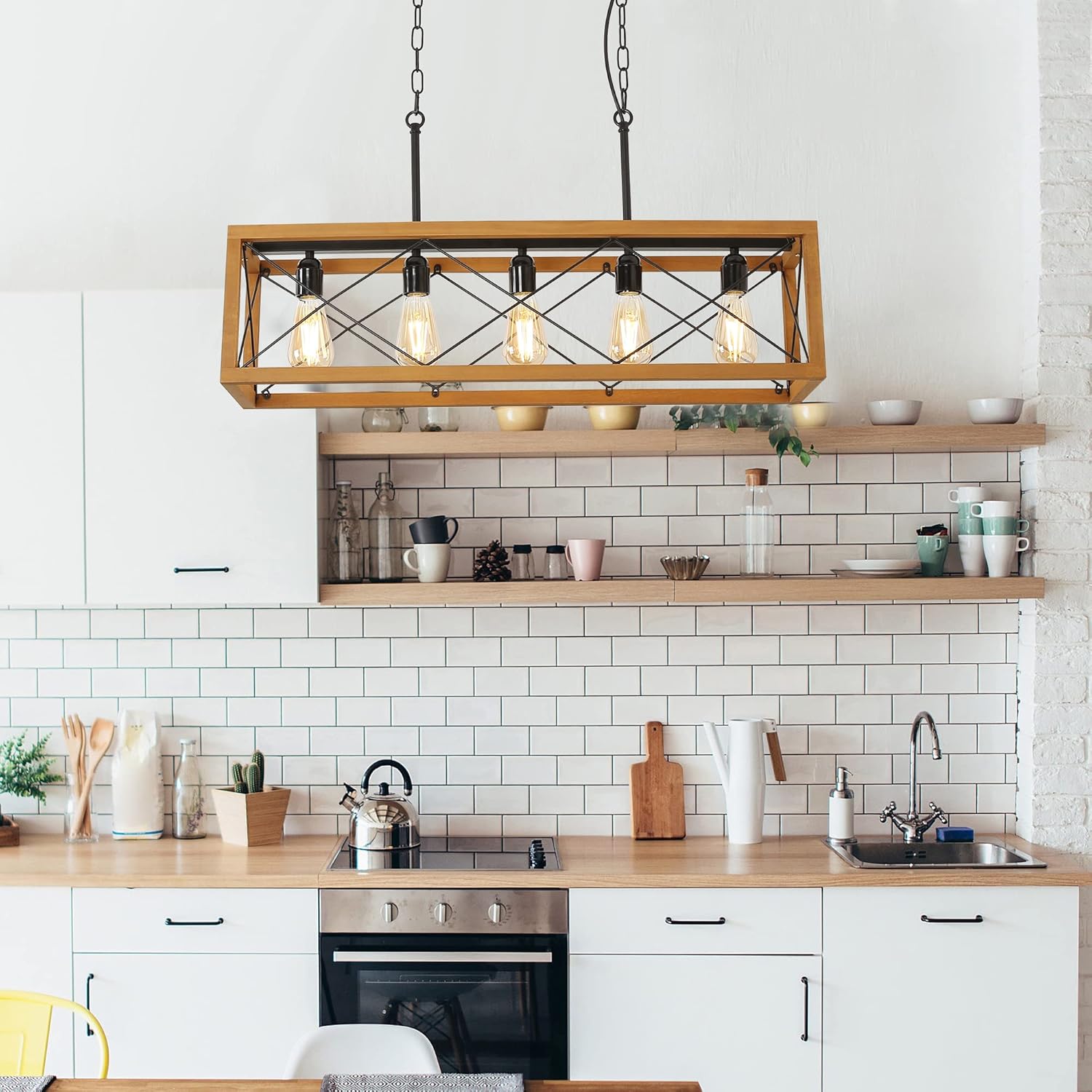 SUNLLOK 5 Light Wood Rectangular Chandelier, Adjustable Hieght Plug in E26 Base Hanging Ceiling Lights, Industrial Farmhouse Linear Pendant Lamp Fixtures Decoration for Kitchen Island, Living Room