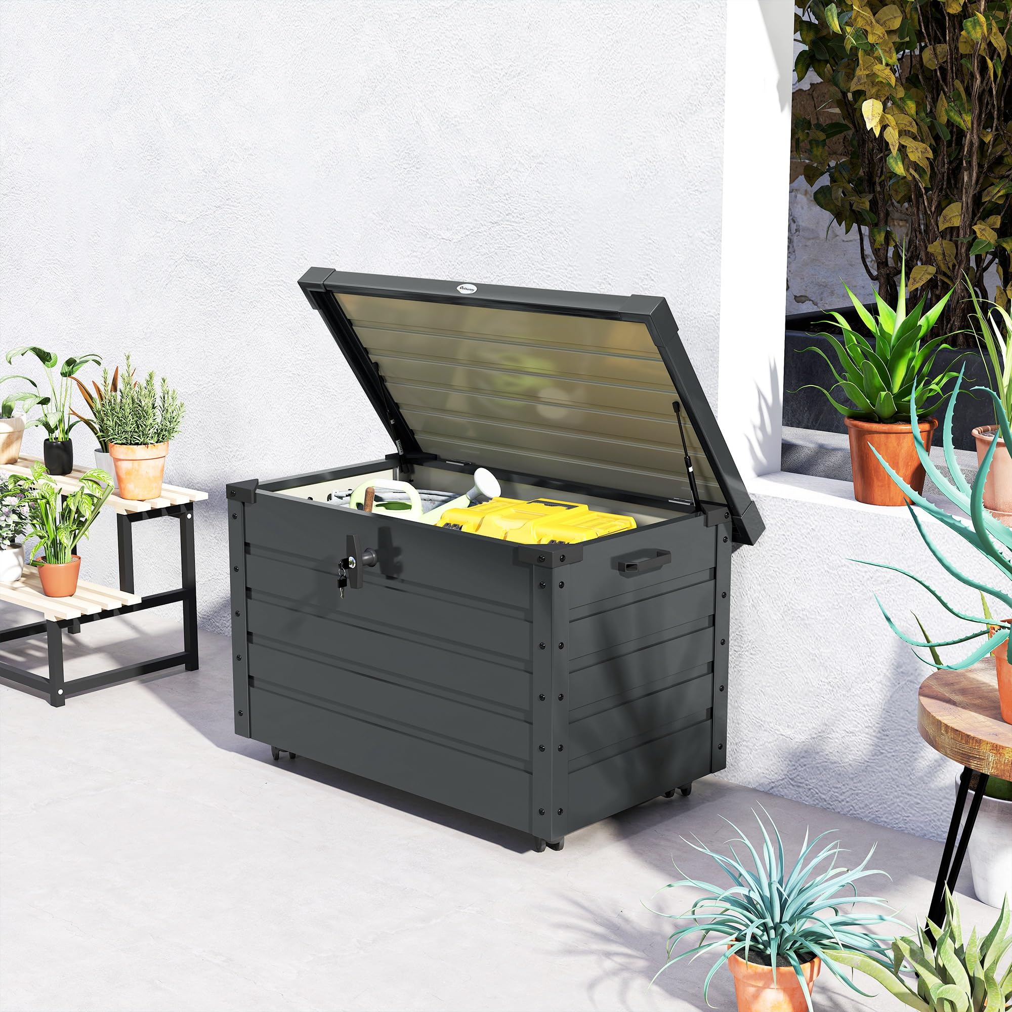 Outsunny Gartenbox Metall 295 Liter Wasserdicht 100 x 62cm Dunkelgrau | Abschließbar, Mit Griffen und Rollen, Auflagenbox, Gartentruhe, Outdoor Wetterfest, Für Balkon Garten, Kissenbox