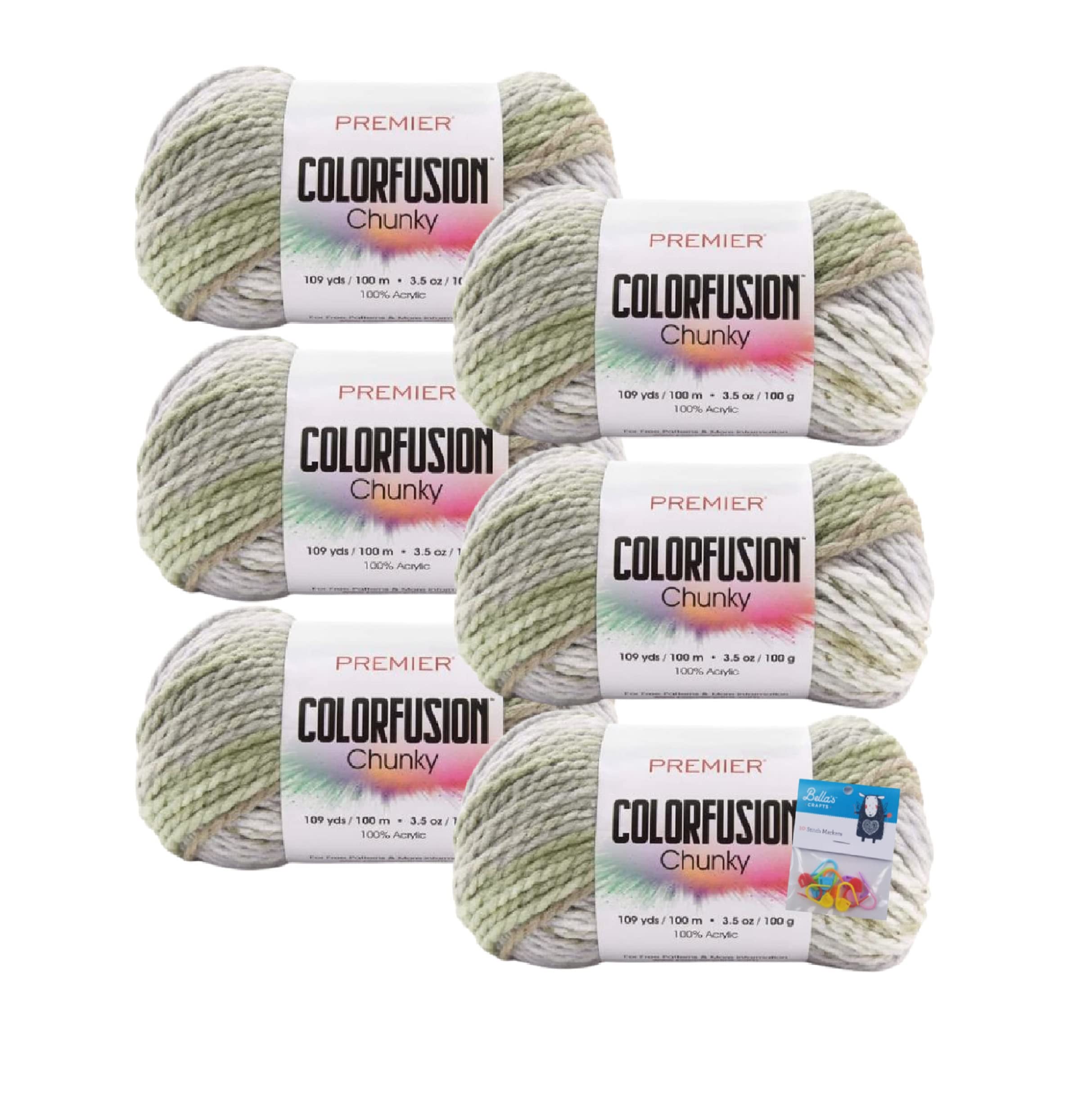 Premier Yarns Colorfusion Chunky Yarn - 3.5 Oz - #5 Bulky Weight - 6-Pack Bundle with Bella's Crafts Stitch Markers (Woodland)