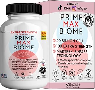 Prime Max Biome Probiotics 40 Billion CFU – Extra Strength Skin & Gut Support with MAKTrek® Bi-Pass Technology – 4 Strains + Prebiotics – Non-GMO, Gluten-Free, 60 Capsules (1)