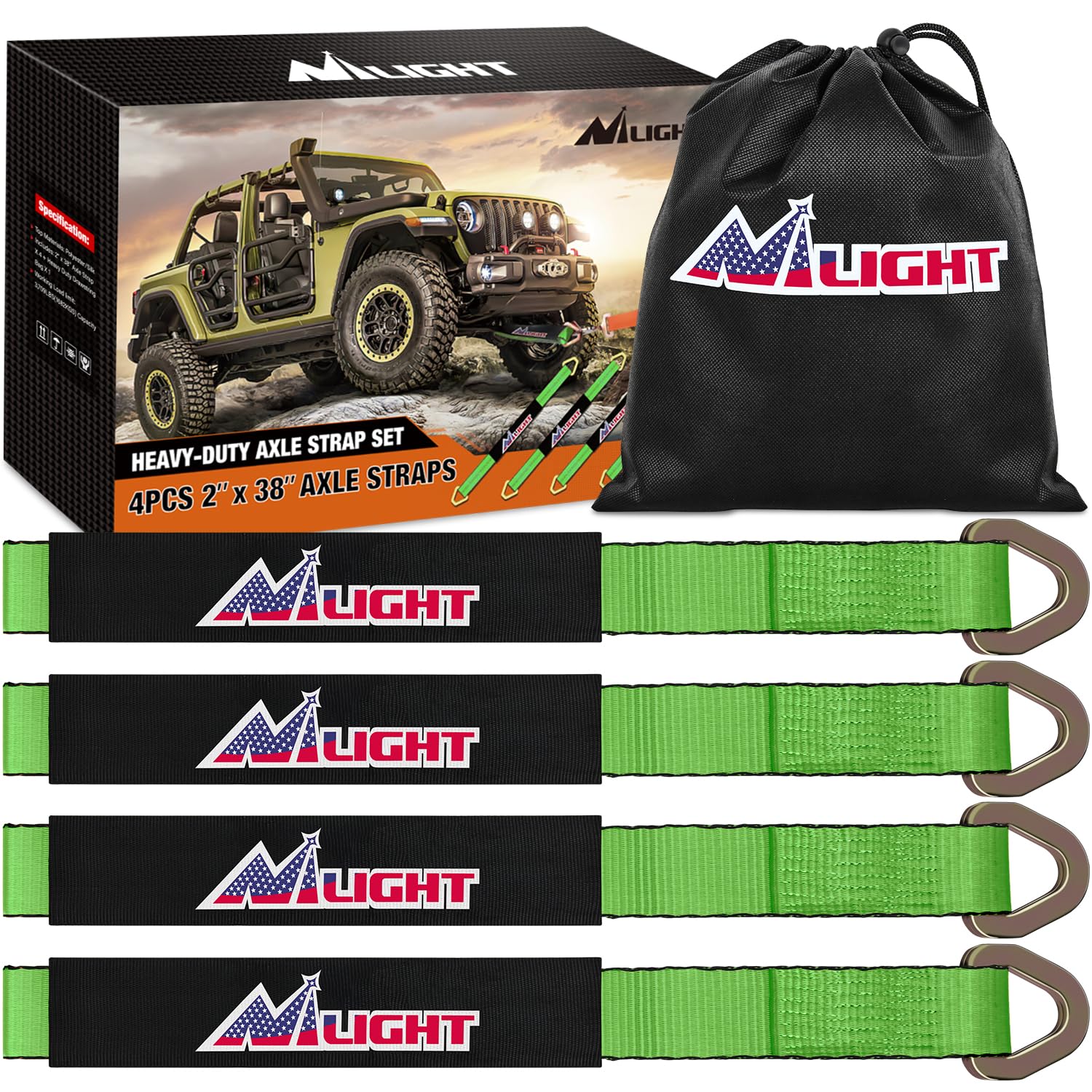 Nilight 2" x 38" Axle Tie Down Straps with D-Rings &amp; Protective Sleeves
