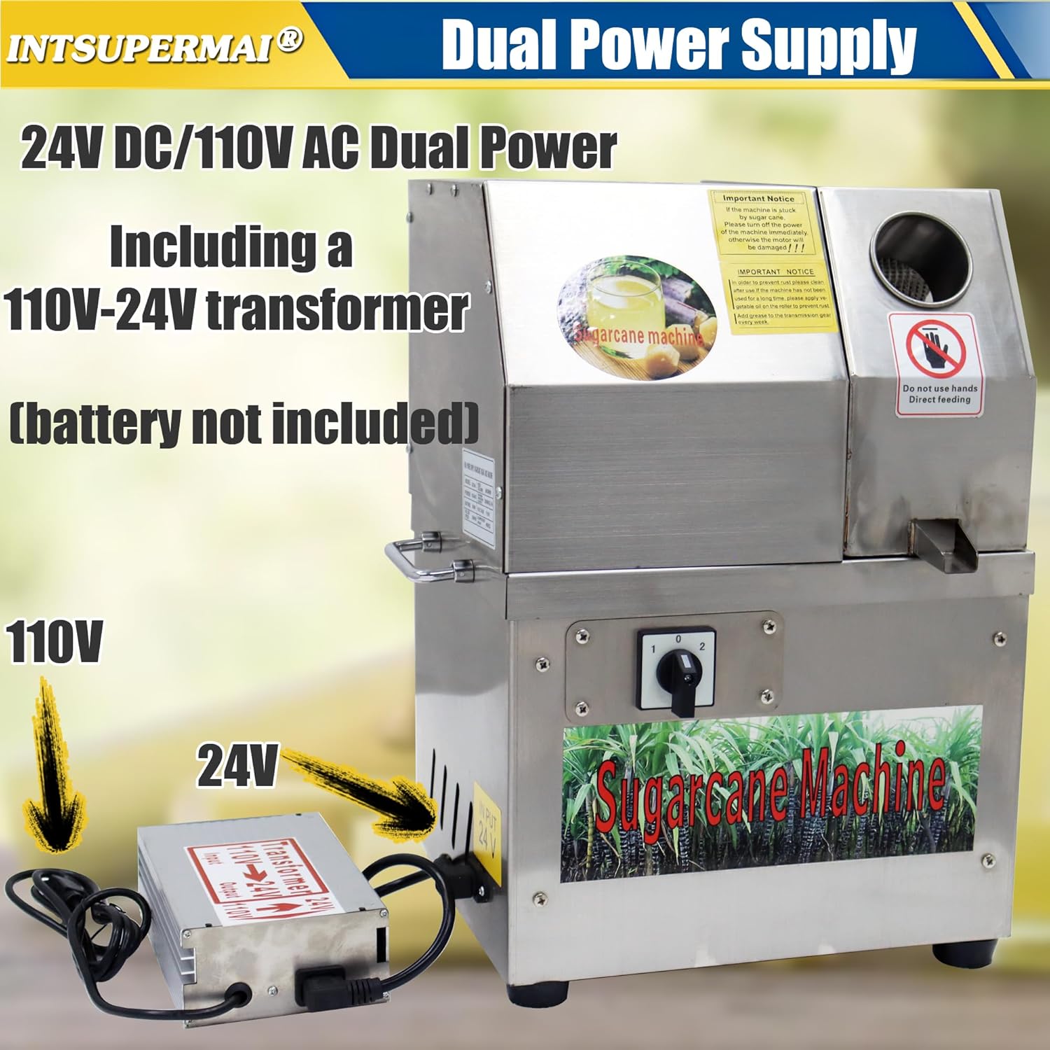 INTSUPERMAI 450W Commercial Sugar Cane Juicer, 24V DC/110V AC Dual Power, 4 Stainless Steel Rollers Sugarcane Juice Machine, Sugar Cane Press with Transformer, Sugar Cane Crusher for Hotels Bars Homes
