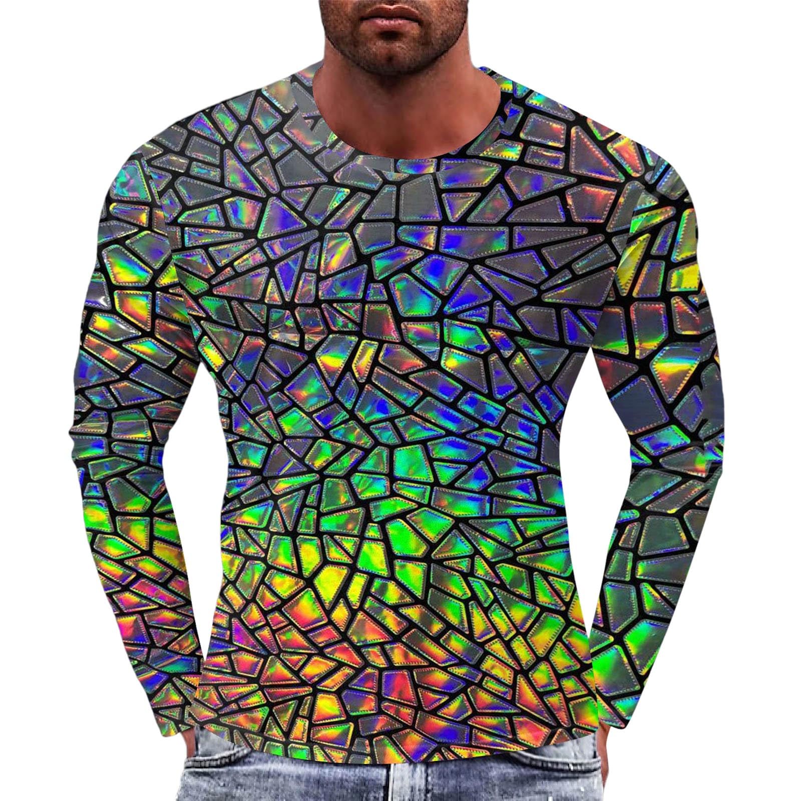 Men's Sweatshirt Without Hood Pullover 3D Print Shiny Metallic Crew Neck Tee Tops Crew Neck Long Sleeve Cotton Shirt Men Fashion Colourful Sports Shirt