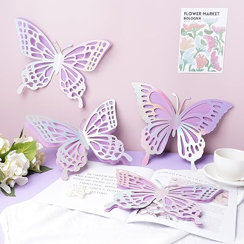 Miniatura 7 de Juego de 14 calcomanías de mariposa 3D, 2 capas de papel gigante de mariposas, juego de decoración de pared de mariposas, calcomanías de pared de