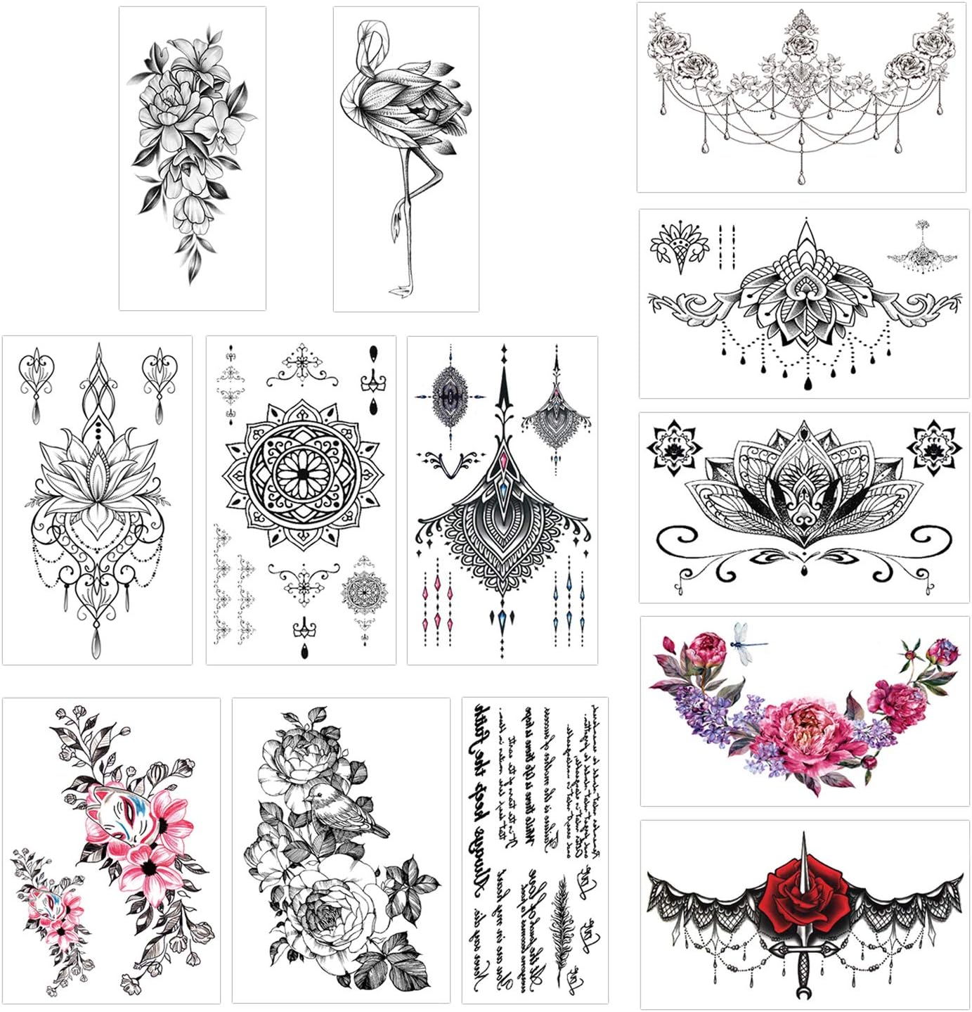 Konsait 13 Sheets Temporary Tattoos for Girls Women Adult Festive Tattoo Fake Waterproof Temporary Tattoos Black Body Art Sticker Cover Up Back Arm Neck, Flower, Mehndi