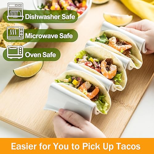 Miniatura 4 de Juego de 2 soportes para tacos, bandeja grande de porcelana para tacos con asas, platos reutilizables y apilables, perfectos para burritos y