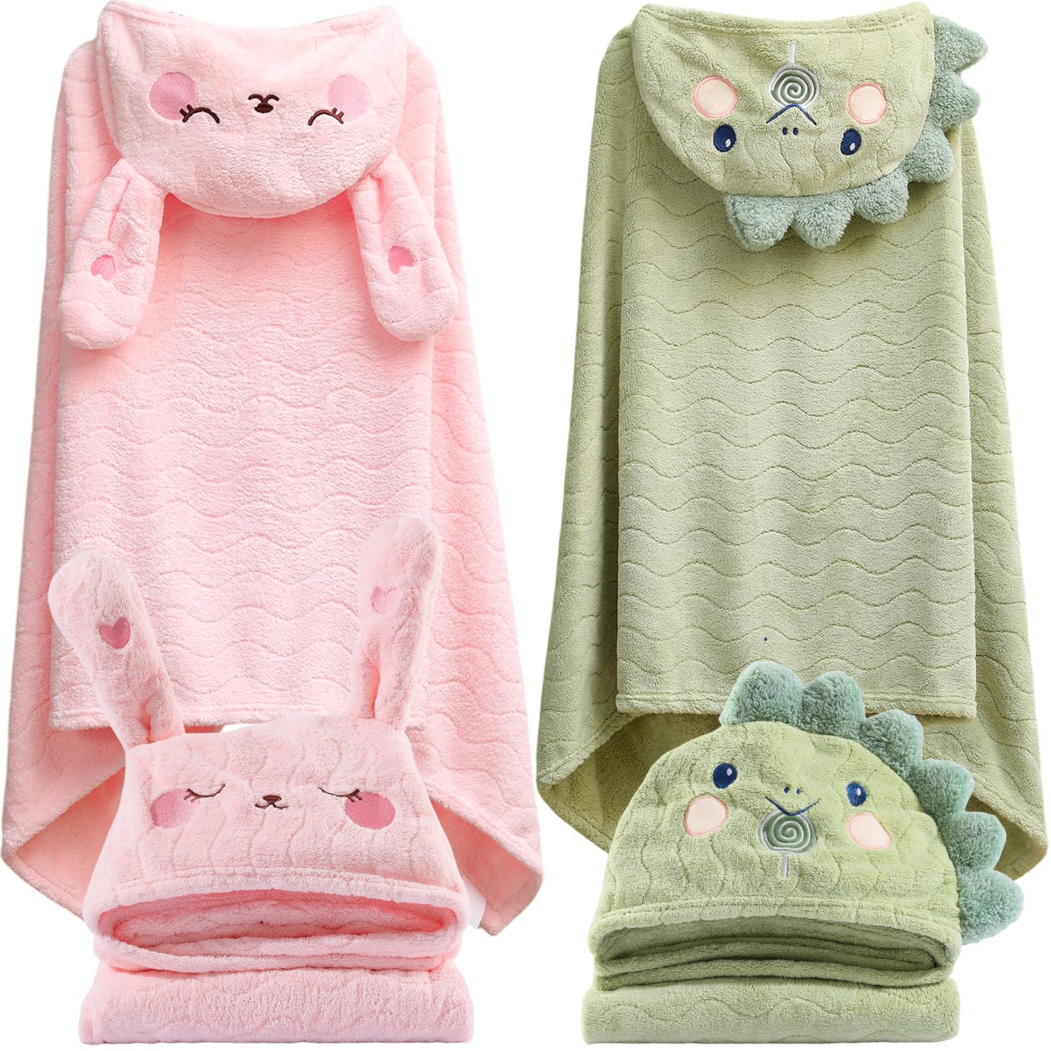 BEFACL Hooded Towel for Kids, 2 Pack Ultra Soft Coral Fleece Kids Bath Towels, Absorbent Toddler Towels with Hood Age 0-10 Years for Infant, Kids - Large 27.5 X 55 inch (Pink Rabbit & Green Dinosaur)