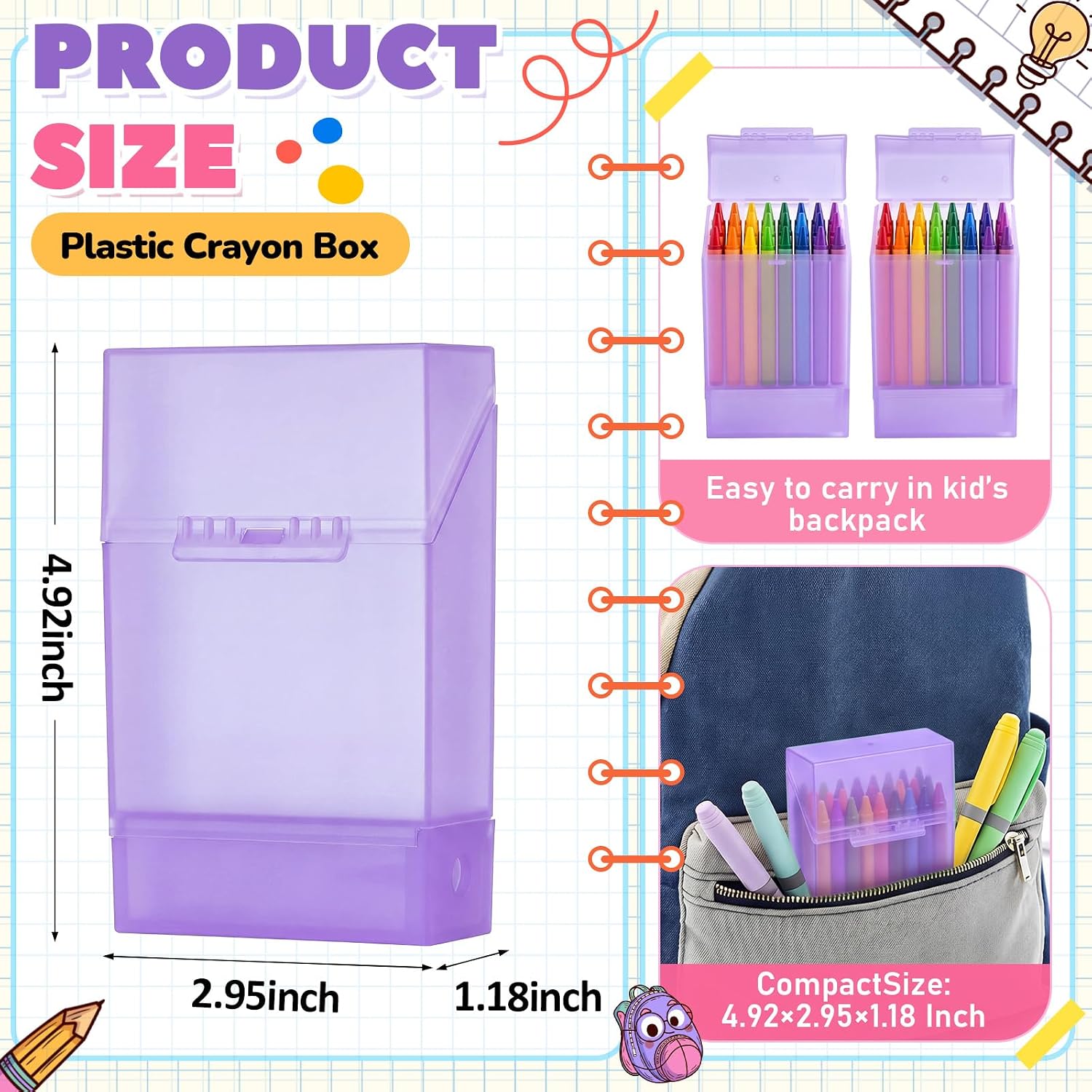 Clabby 1 Pcs 2 in 1 Plastic Crayon Box with Sharpener Holds 24, Purple image 2