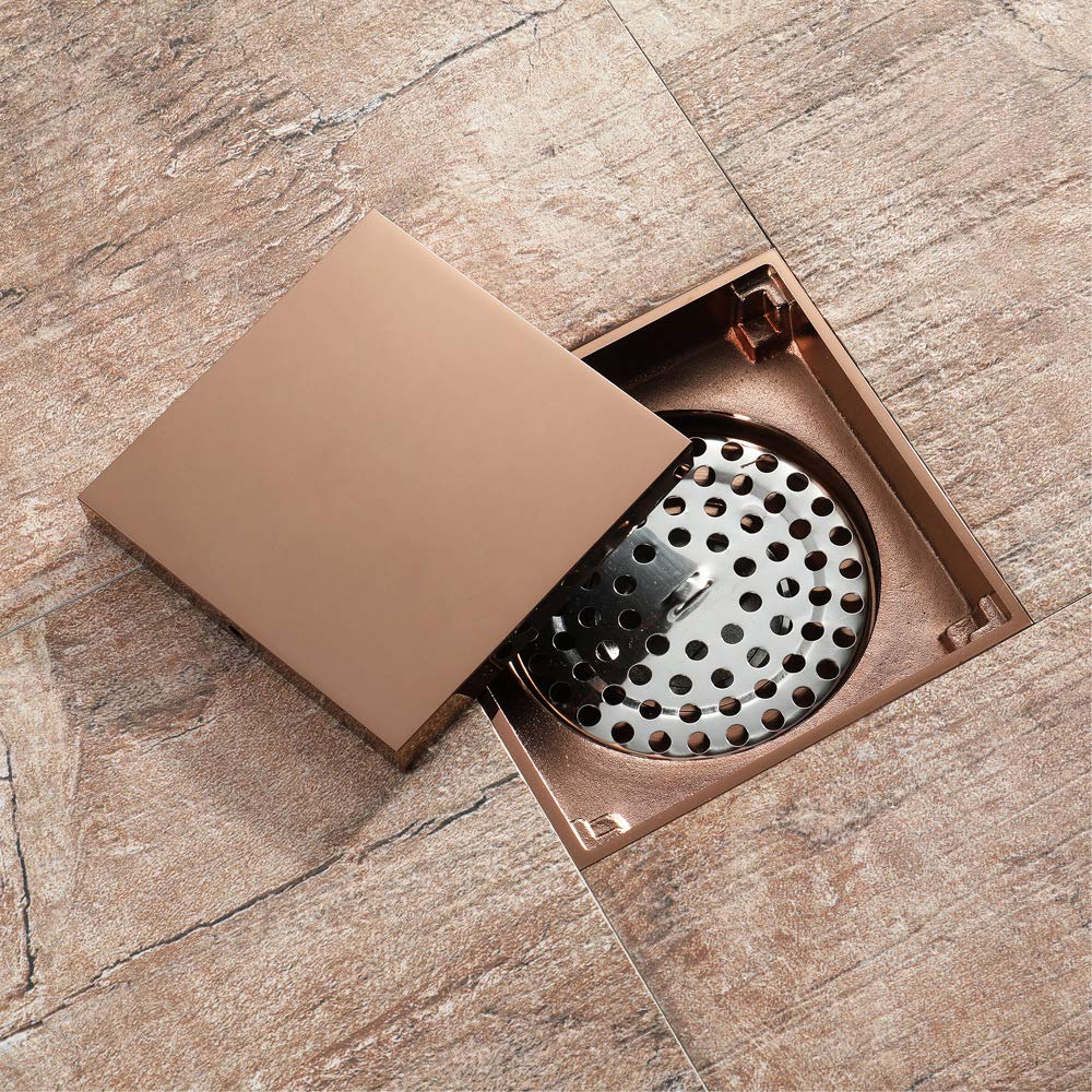 4 Pulgadas Desagüe Ducha Cuadrado Latón Oro Rosa Canaleta de Drenaje de Suelo Desodorante Gran Desplazamiento Drenaje de Ducha para Patio, Baño y Cocina