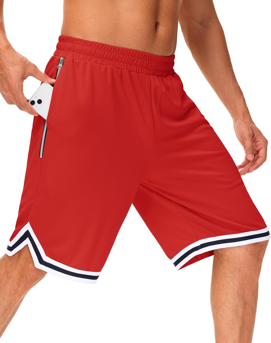 JWM Men's 11" Long Basketball Shorts - Below Knee Mesh Athletic Gym Workout Sport with Zip Pockets Quick Dry Lightweight