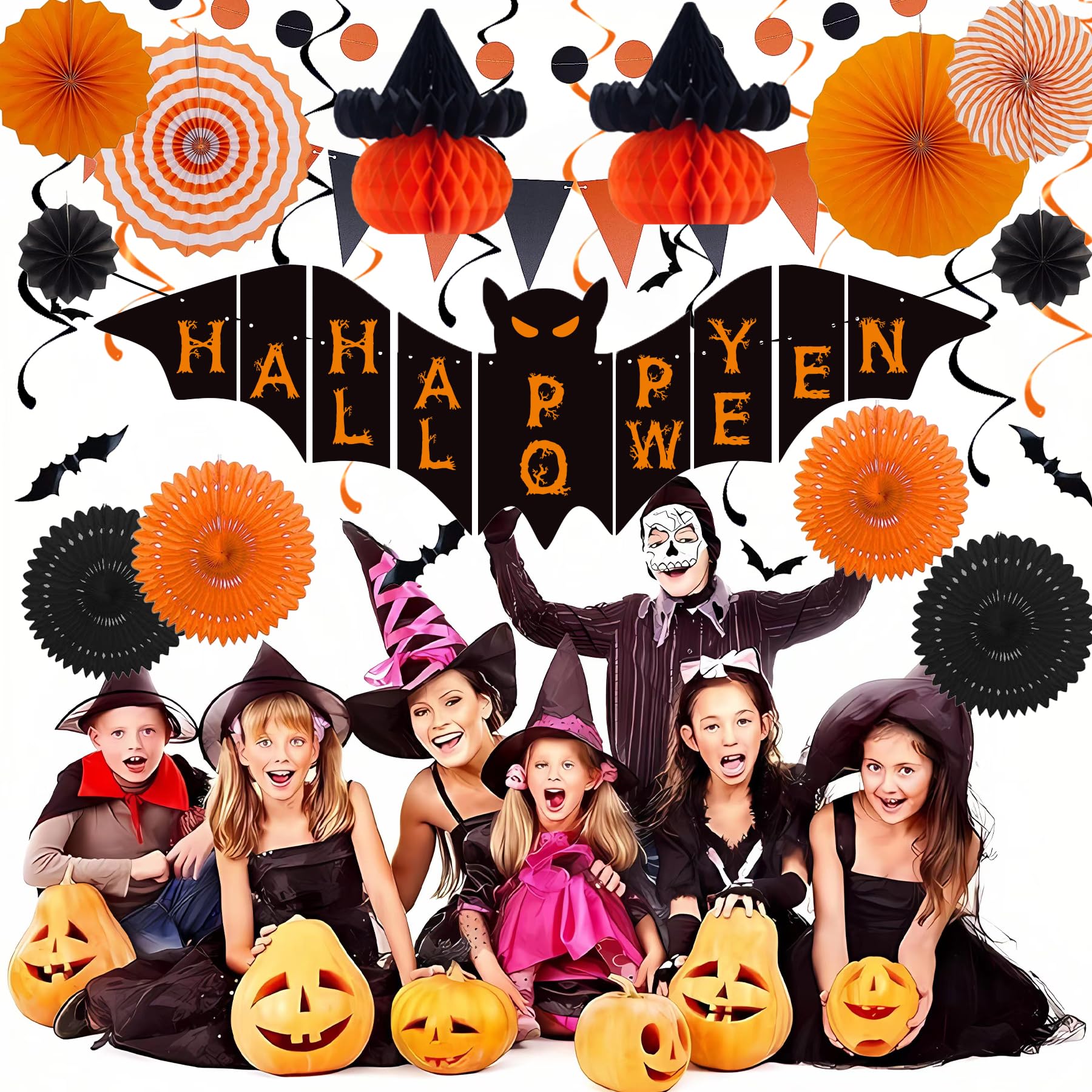 AhfuLife Décorations De Fête Halloween, 3 Meters Happy Halloween Banderole En Papier, Réutilisable Papier Suspendue Guirlande Pour Enfant Party Décoration Intérieure Et Extérieure