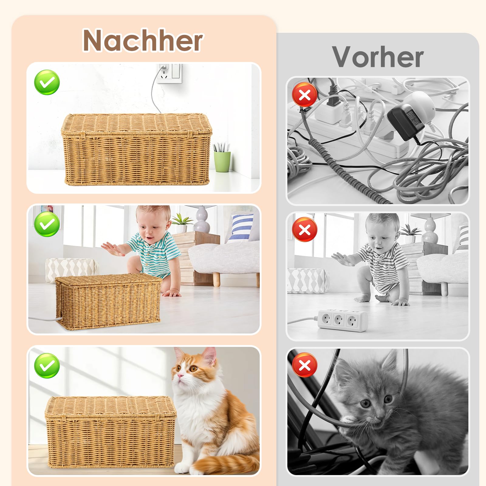 Kabelbox, Rattan Kabelmanagement Box, Hand-Woven Wire Storage, Unter Schreibtisch Kabel Organizer Box, Kabelsalat Verstecken, Kabelorganizer Box Set, für Zuhause und Büro
