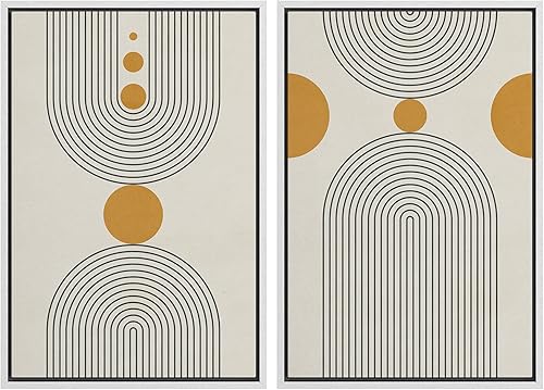 Miniatura 70 de IDEA4WALL Lienzo enmarcado para pared, juego de arte Bauhaus dorado de mediados de siglo, patrón de cuadrícula moderna, ilustraciones con formas