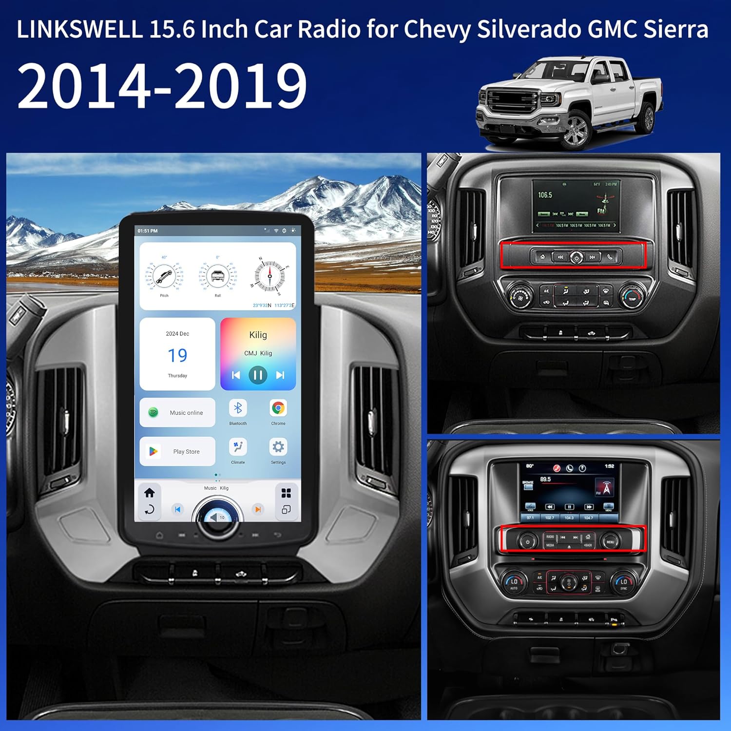 LINKSWELL 15.6 Inch Car Radio Stereo for Chevy Silverado GMC Sierra 2014-2019 Tesla Style Replacement with Wireless CarPlay/Android Auto/GPS Navigation/DSP/Retains Factory AC & Camera