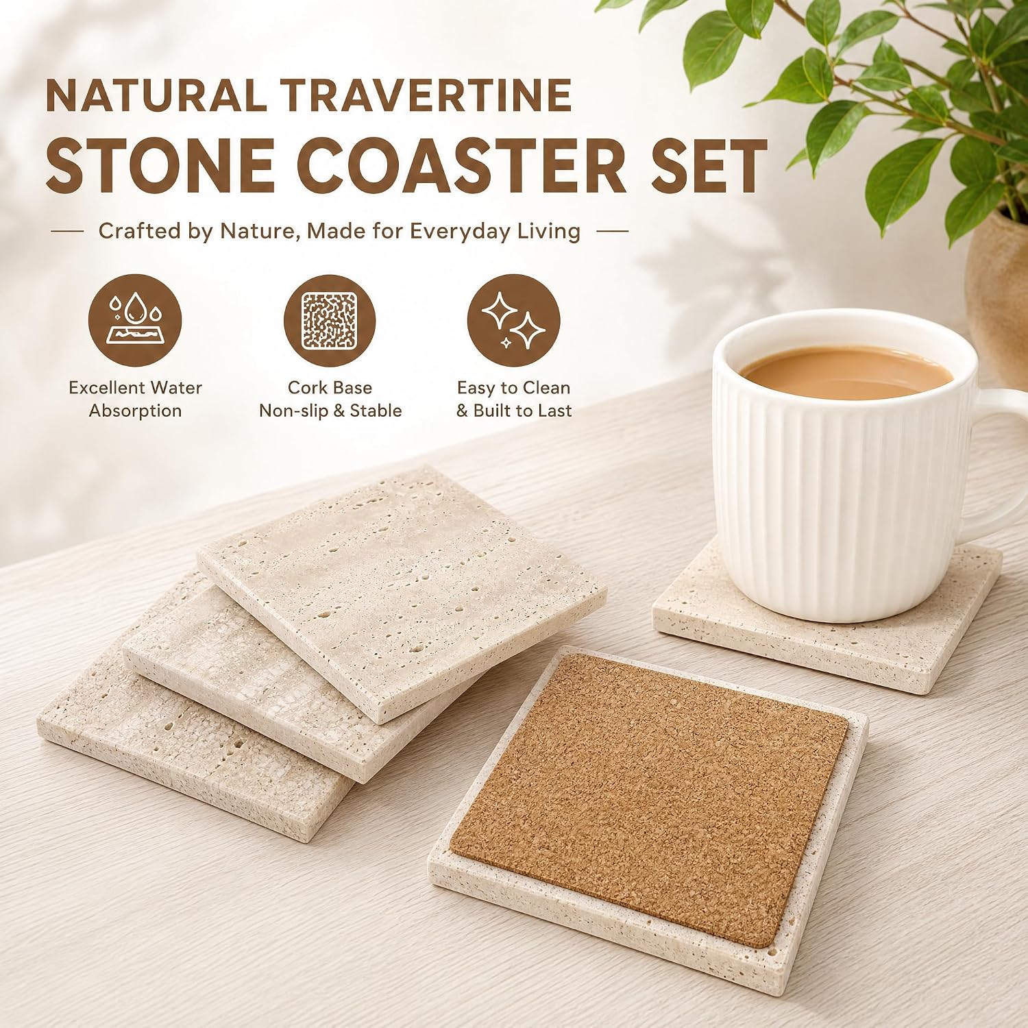4 Pack Travertine Coaster, 4" Absorbent Marble Coaster with Cork Pad, Stone Bar Drink Coasters, Limestone Coffee Cup Coasters for Kitchen Tabletop Office Home Decor Housewarming Gift, Beige