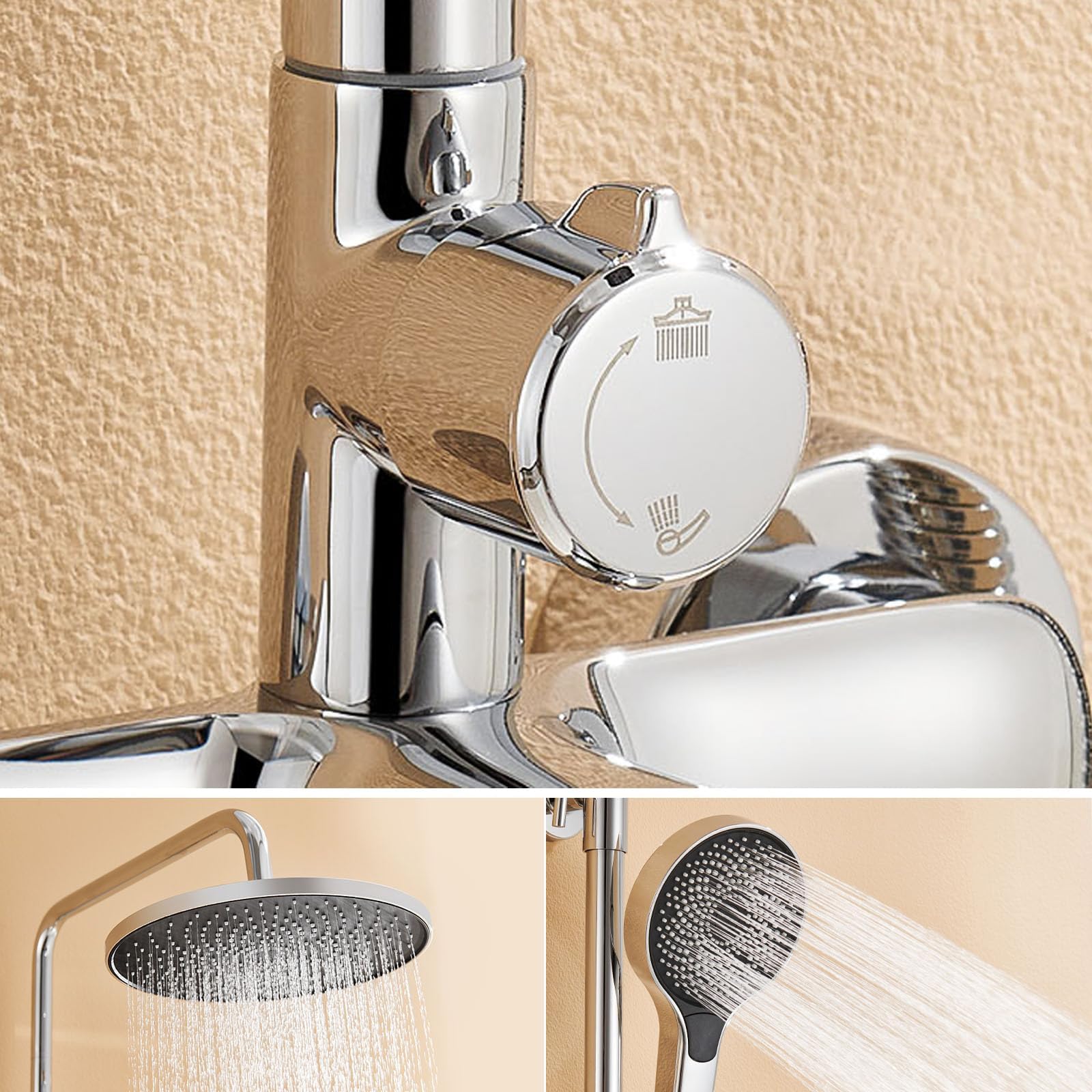 Auralum Duscharmatur Komplettset Höhenverstellbar 1-1,39m, Regendusche mit Armatur Duschamaturenset Regendusche mit 3 Funktionen Handbrause, Chrom