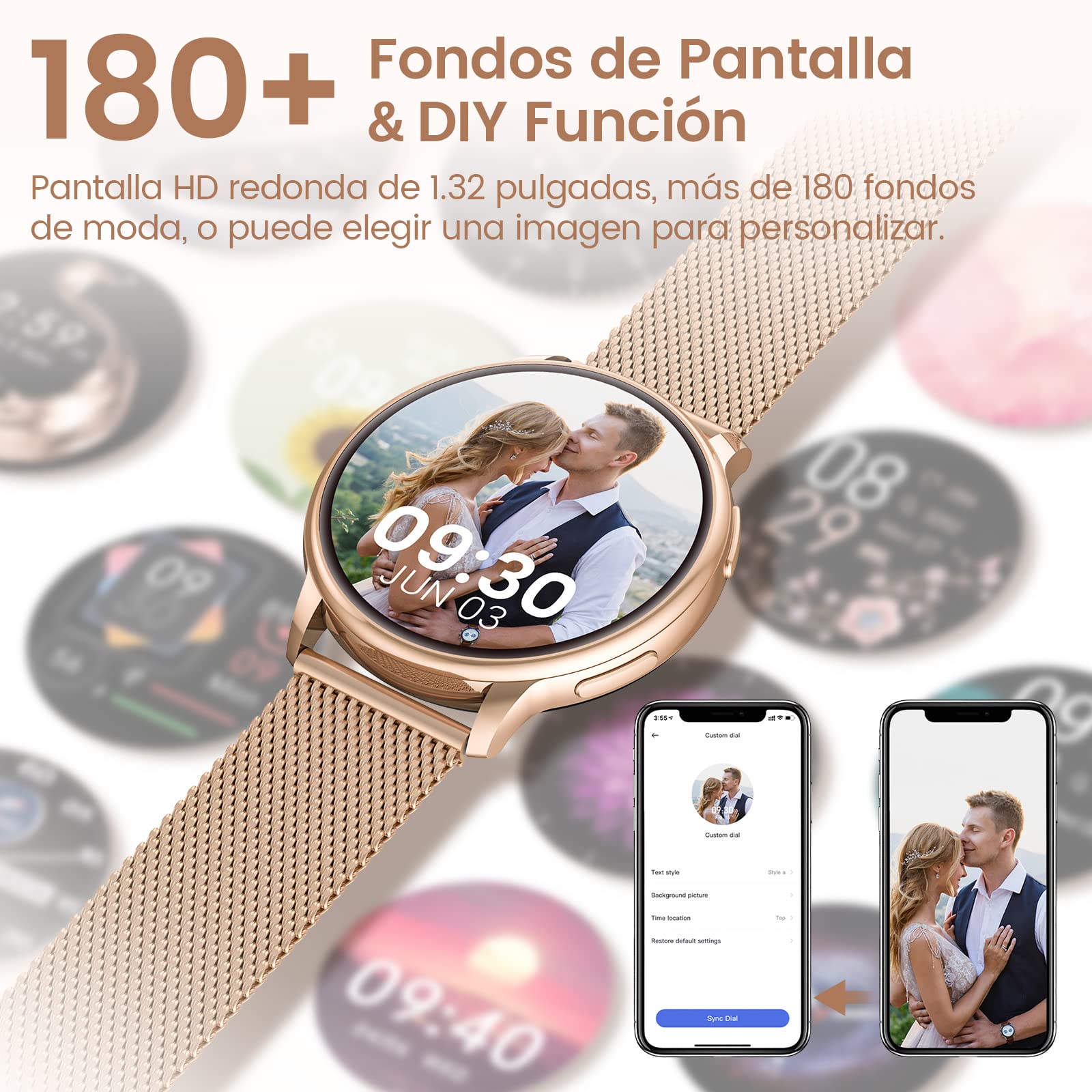 RUXINGX 2023 Reloj Inteligente Mujer Llamadas Bluetooth 5.1/Marcación, Smartwatch Mujer 1.32" con Pulsómetro, SpO2, Seguimiento del Menstrual, Monitor Sueño, Whatsapp Notificaciones Android iOS Oro
