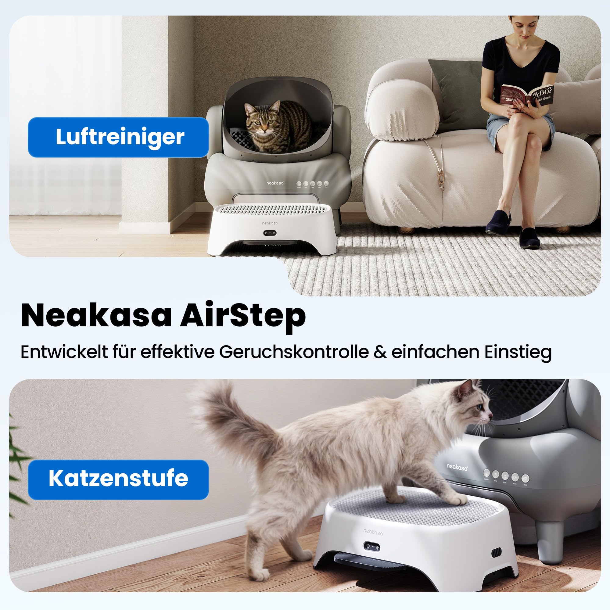 Neakasa Airstep 3-in-1 Katzenklo Rampe mit Luftreiniger & Filterfunktion, gegen Geruch, Staub & Katzenhaare, kompatibel mit M1 Plus, M1 Lite & vielen Katzentoiletten, Katzentreppe für ältere Katzen