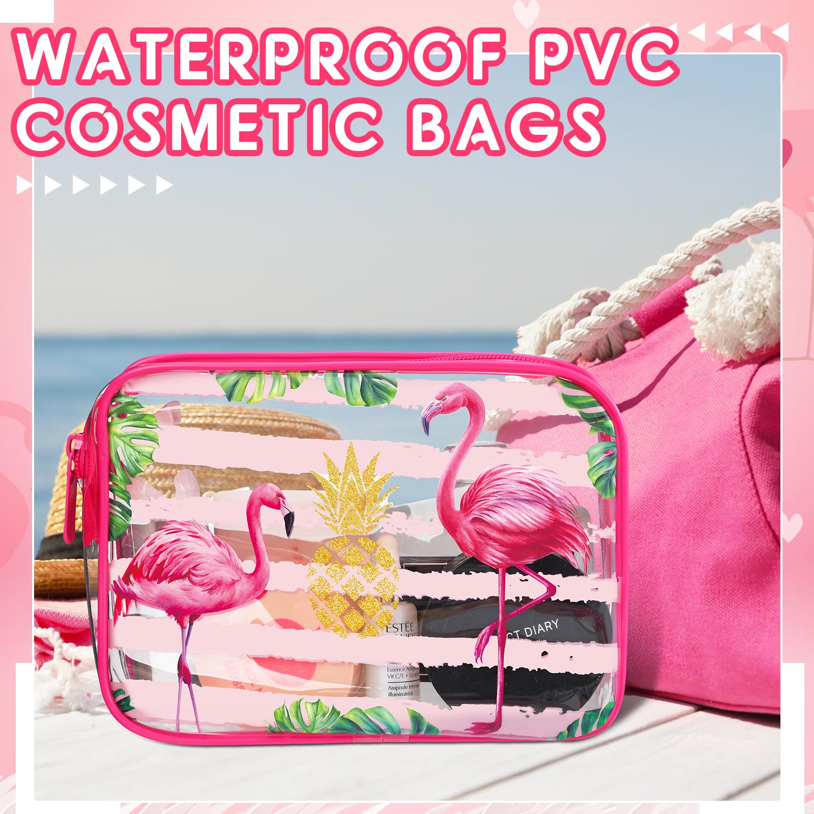 Transparente Make-up-Taschen mit Flamingo-Muster für Damen, adrette Kosmetiktaschen mit Reißverschluss, rosa Lächeln, Blitz, Sommer, transparent, PVC, wasserdicht, Reise-Kulturbeutel für