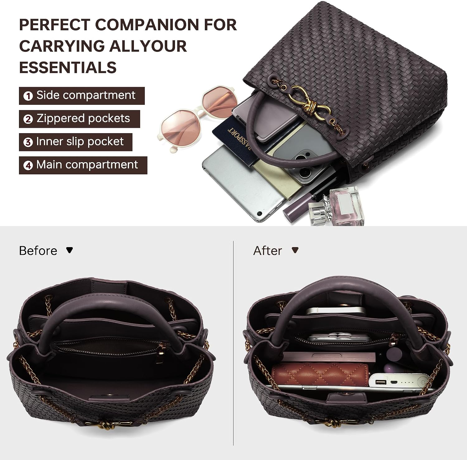 Small Woven Leather Bag Tote Shoulder Handbag Top Handle Woven Purse for Women with Adjustable Straps Coffee