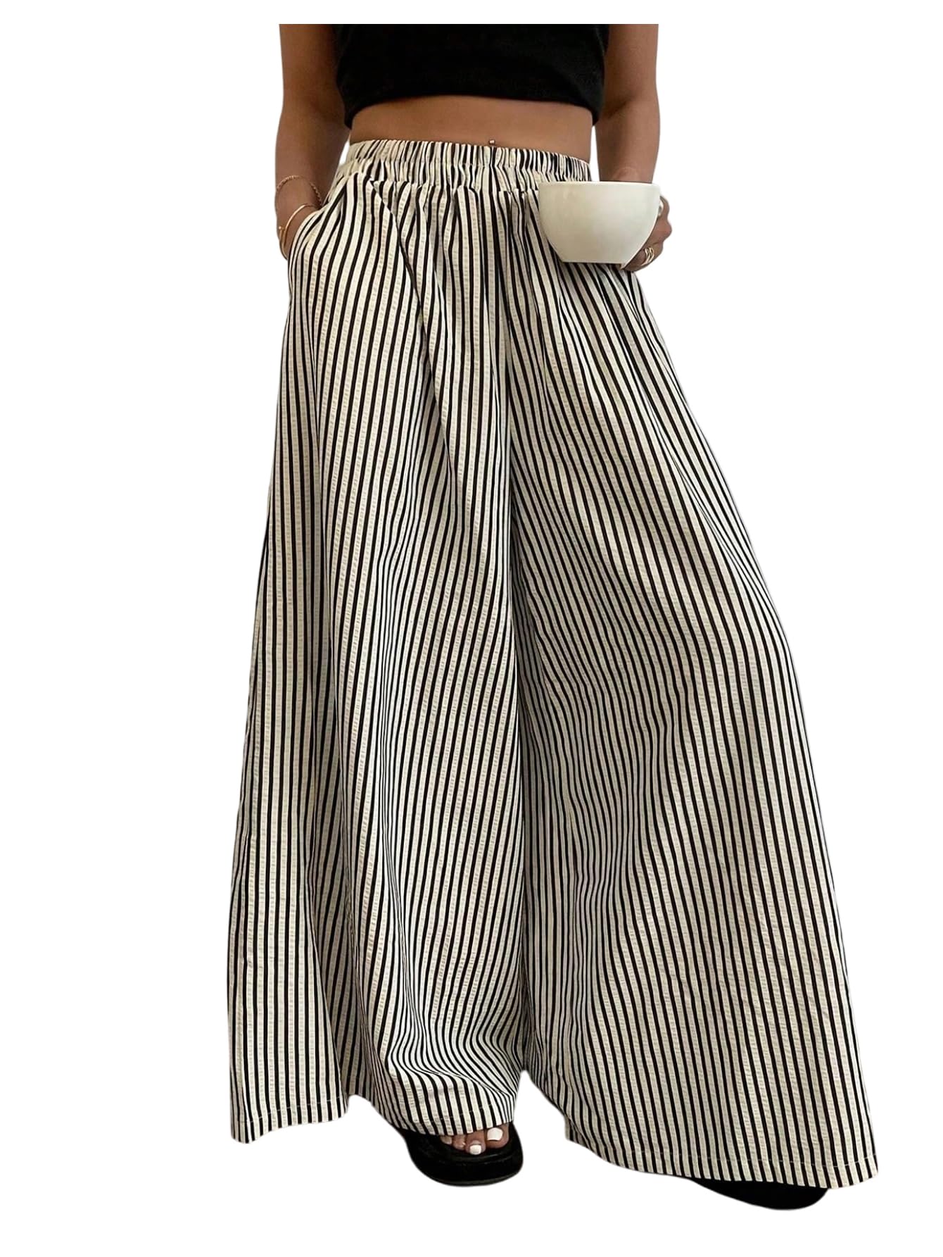 SOLY HUX Womens Plus Size Striped Wide Leg Palazzo Pants Elastic High Waisted Baggy Loose Long Trousers