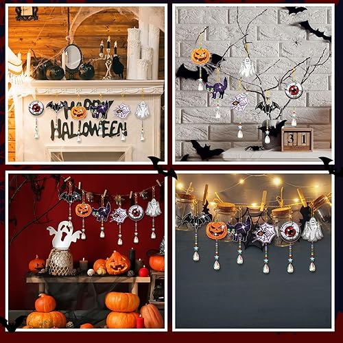 Miniatura 7 de Tradder 6 piezas de manualidades de Halloween para adultos, pintura de diamantes de imitación, campanillas de viento fantasma, campanas de arte de
