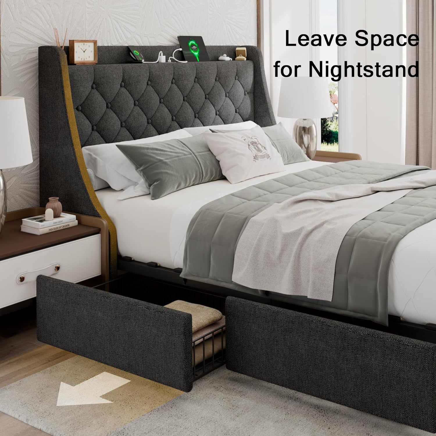 Image illustrating the design of the headboard that allows space for a nightstand