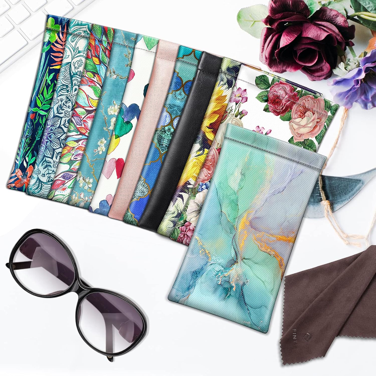 FINTIE Soft Eyeglasses Case with Cleaning Cloth, Portable Squeeze Top Vegan Leather Glasses Pouch, Sunglasses Eyewear Bag - Image 6