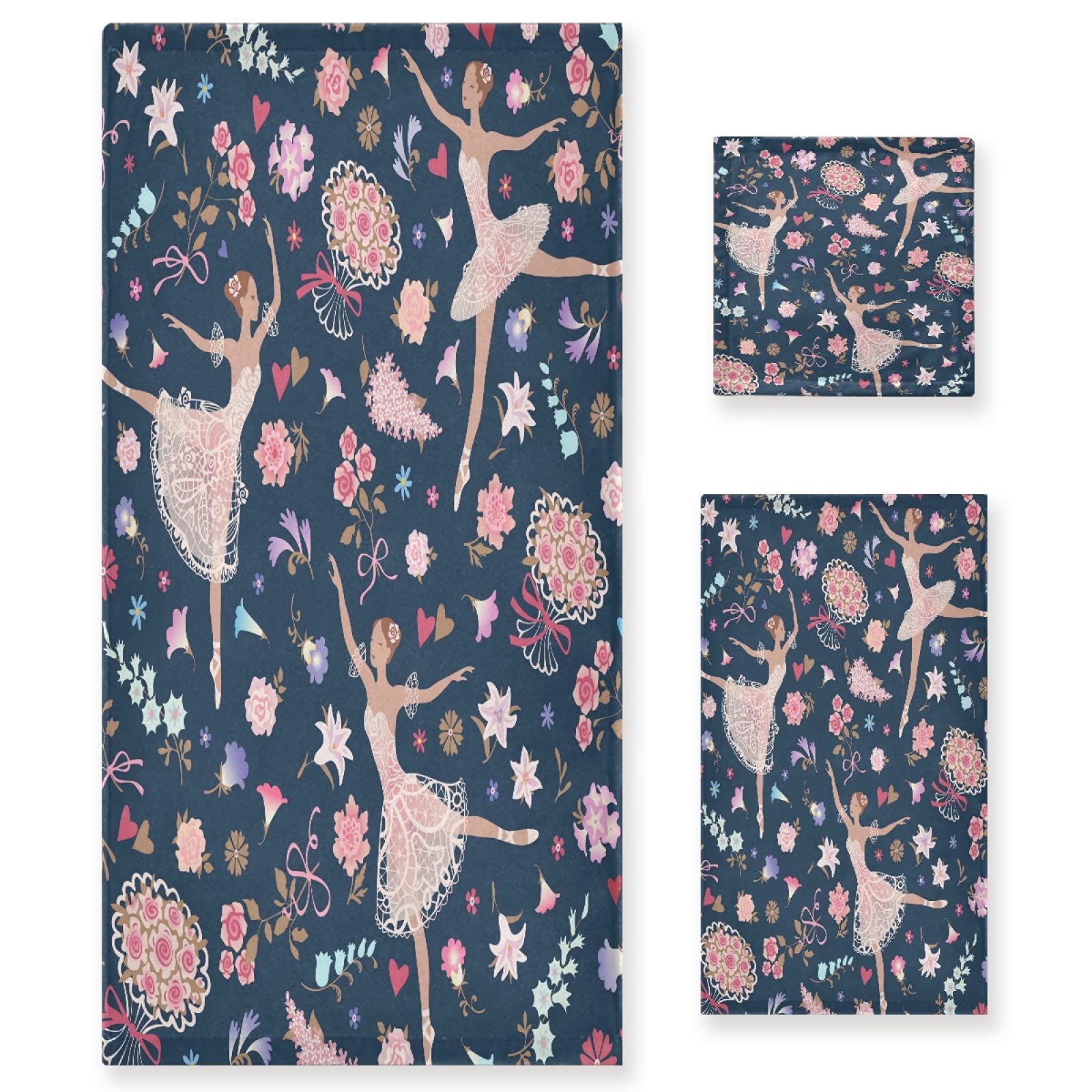Mnsruu Juego de toallas de baño de 3 piezas con estampado floral de bailarina para baño, spa, hotel, 1 toalla de baño+1 toalla de mano+1 paño