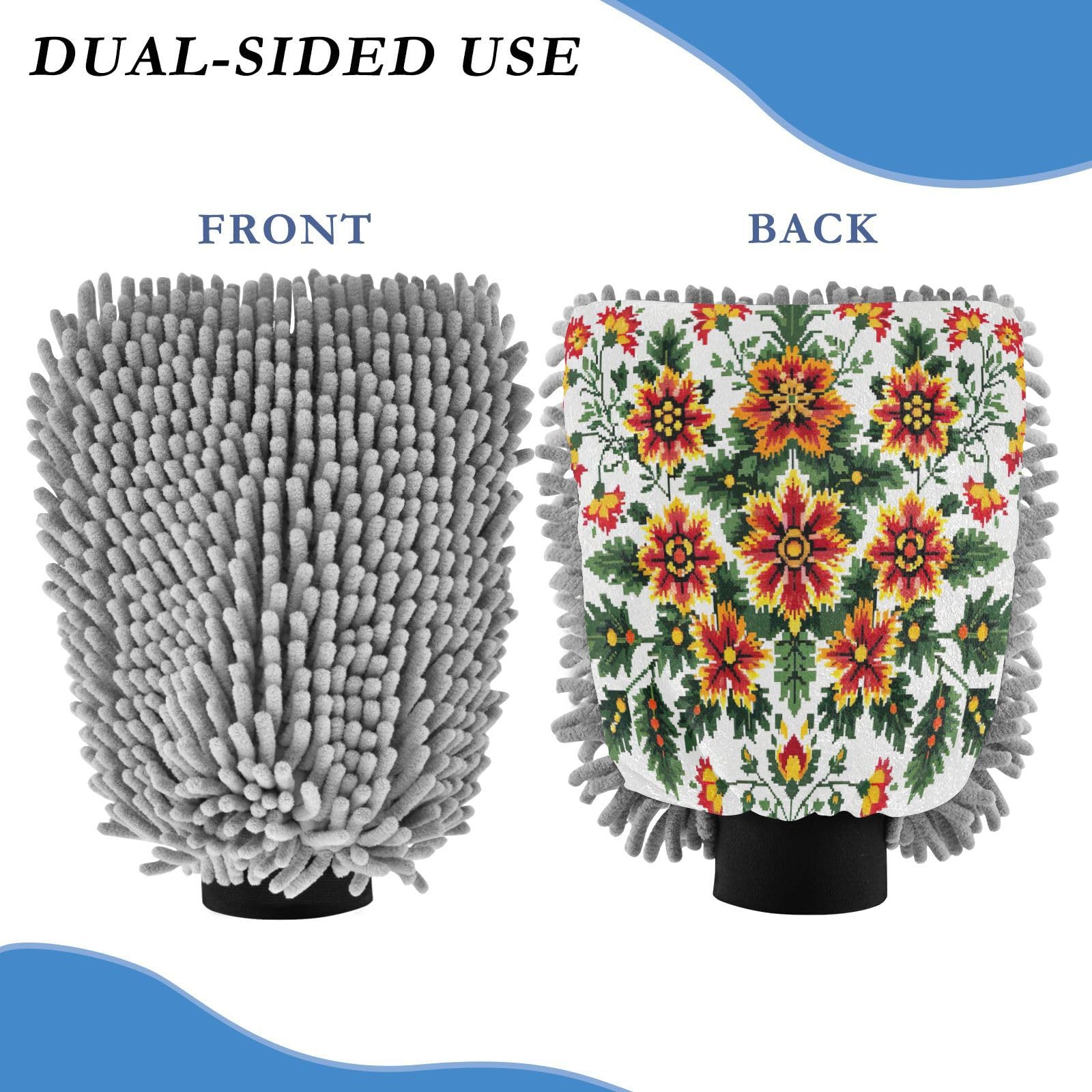 Kigai Mexican Knit Style Car Wash Mitt Microfiber, 2Pcs Scratch Free Lint-Free, Premium Chenille Microfiber Mitt Car Wash Brush-M