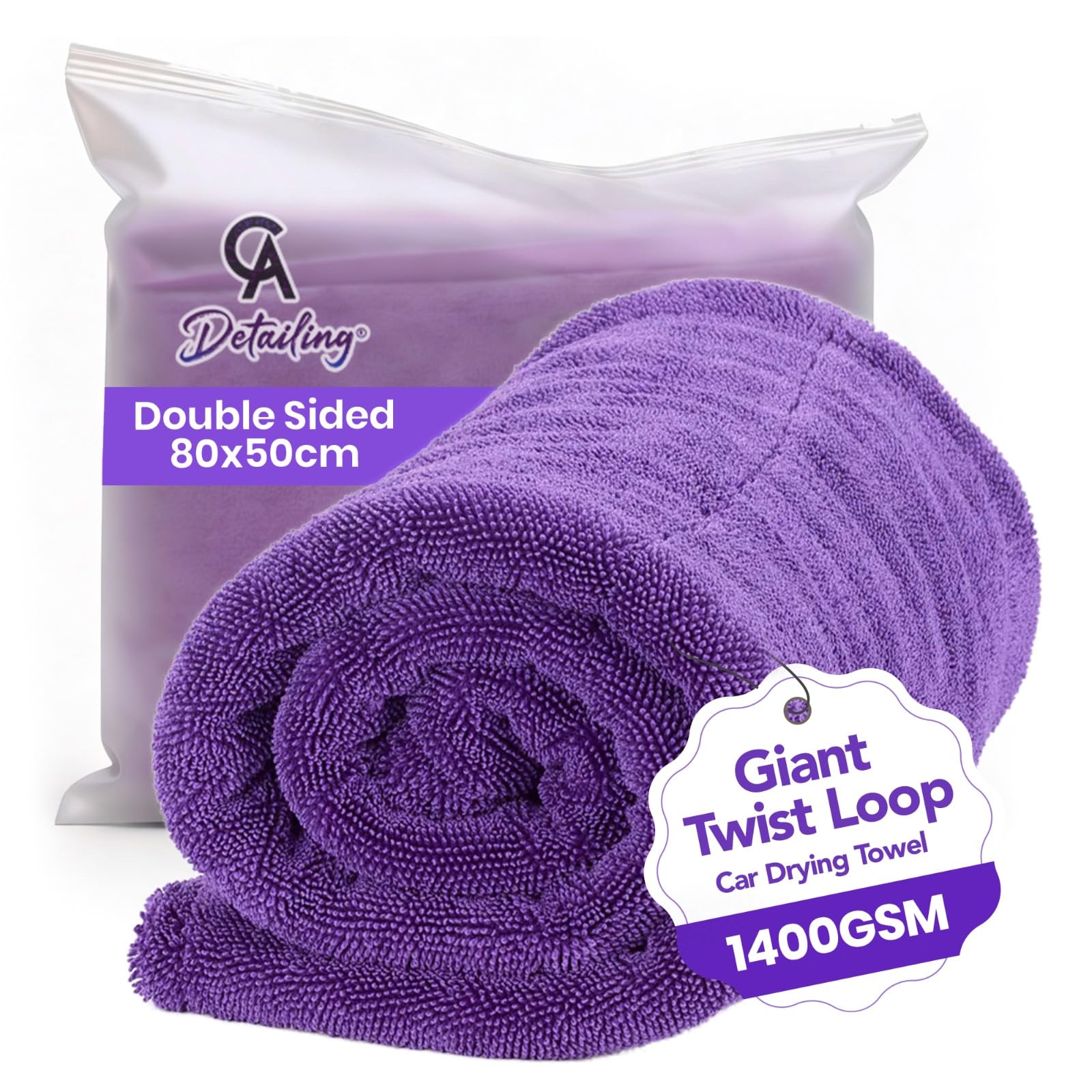 CA Detailing - 1400GSM XXL Triple Twisted Loop Microfibre Car Drying Towel - Extra Large - 80x50cm - Ultra-Absorbent Microfiber Cloth for Car Wash, Scratch-Free Waterless Finish