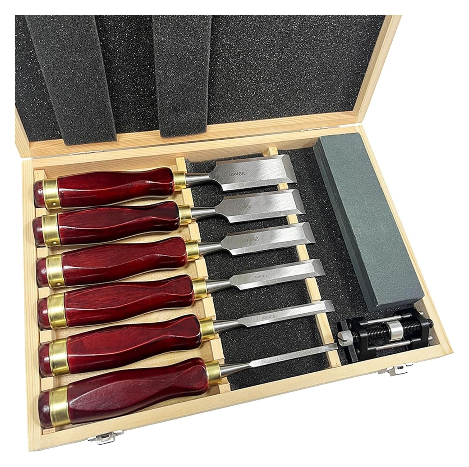 6-Pieces Woodworking Wood Chisel Set: A Carving Chisel Kit with Wooden Box, Honing Guide, Sharpening Stone. Features 60 Steel Blades, Ideal for Carpenters and Craftsmen