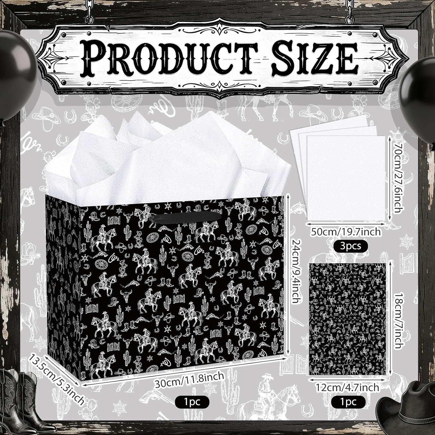 Large Black Cowboy Gift Bag with Tissue Paper and Card Happy Birthday Gift Bags for Men Boys Riding Horse Wild West Party Gift Bag Black Rodeo Cowboy Wrapping Paper Western Theme Party Decor 11.8in