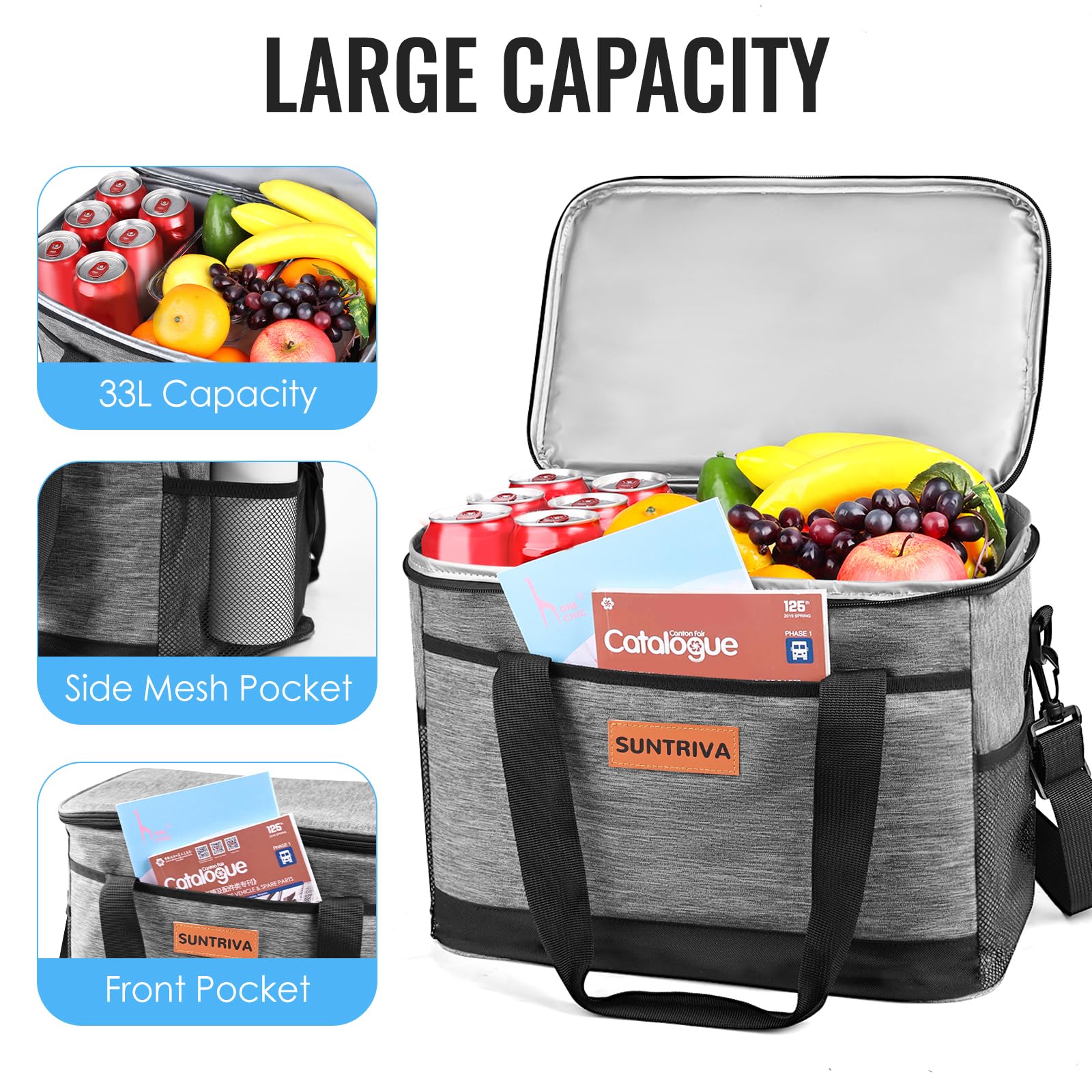 Torba Termiczna Na Lunch 33L Torba Termoizolacyjna Lunch Bag | Wygodny i przenośny wytrzymały regulowany pasek składany dla Kobiet i Mężczyzn, do biura na piknik szkolny, kemping