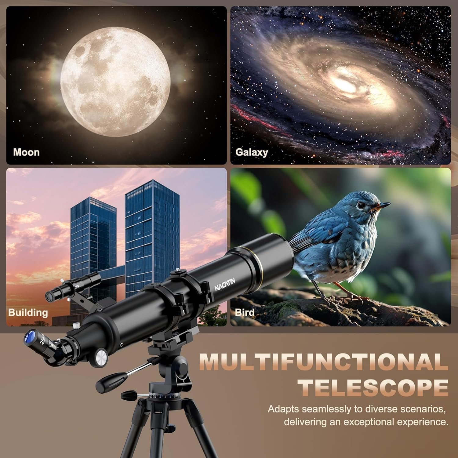 NACATIN Astronomy Telescope for Adults & Beginners, 90mm Aperture 800mm Fetal Length Portable Refractor Telescope -with Phone Adapter for Moon & Planets, Ideal Gift for Birthday/Valentine's Day, Black