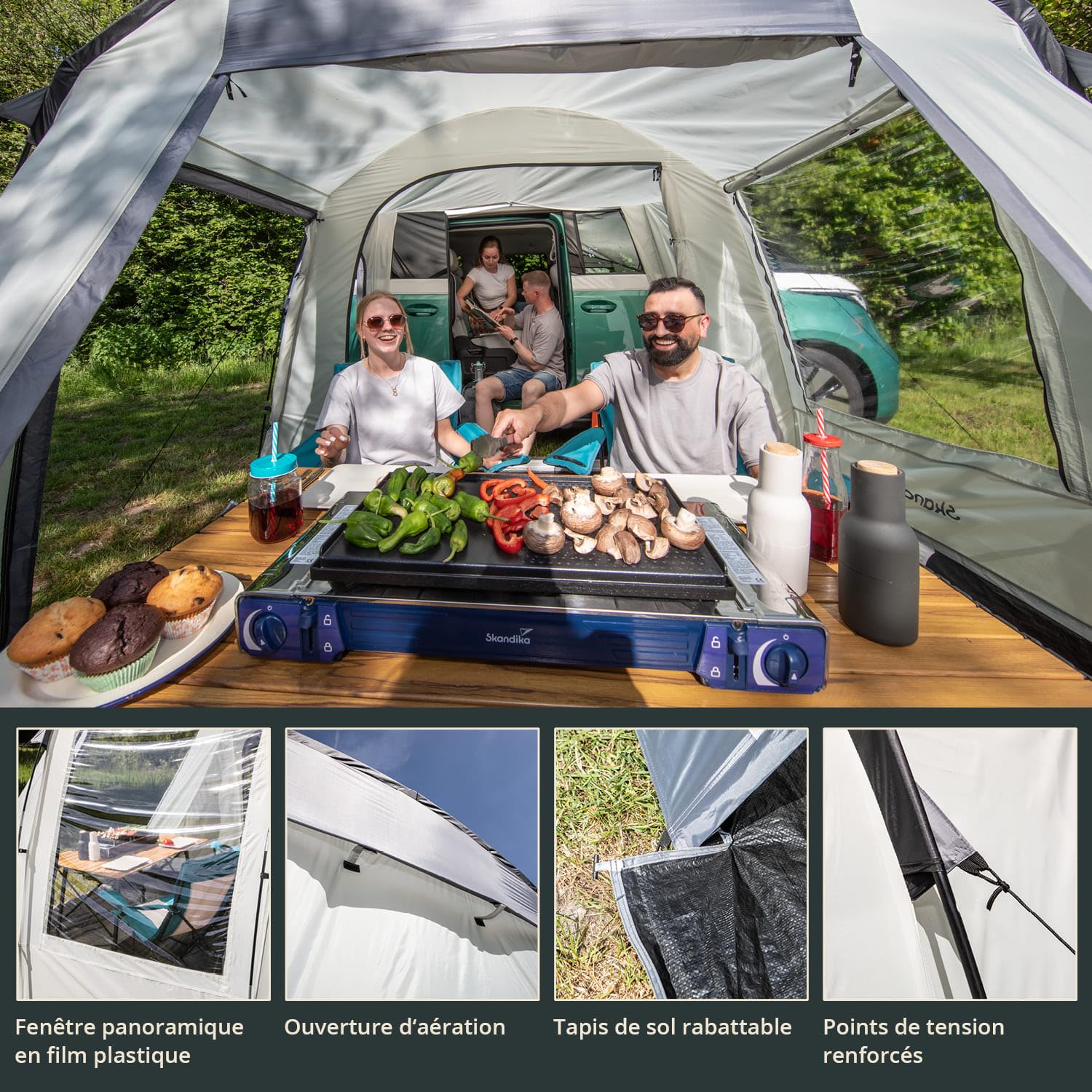 Skandika Camper Tramp Auvent de bus | Autonome avec cabine de couchage pour 2 à 4 personnes, hauteur debout 2,1 m, toit pare-soleil, colonne d'eau 3000 mm | Tente pour voiture, bus, van, monospace,