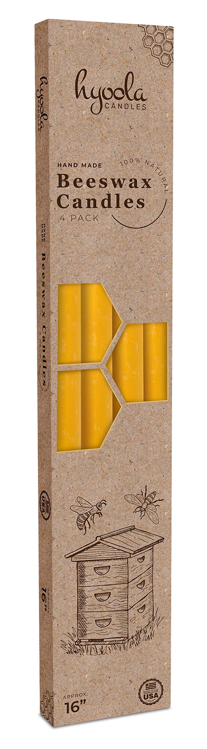 Hyoola Velas de cera de abejas de 35,56 cm, velas de cera de abejas amarillas – paquete de 4